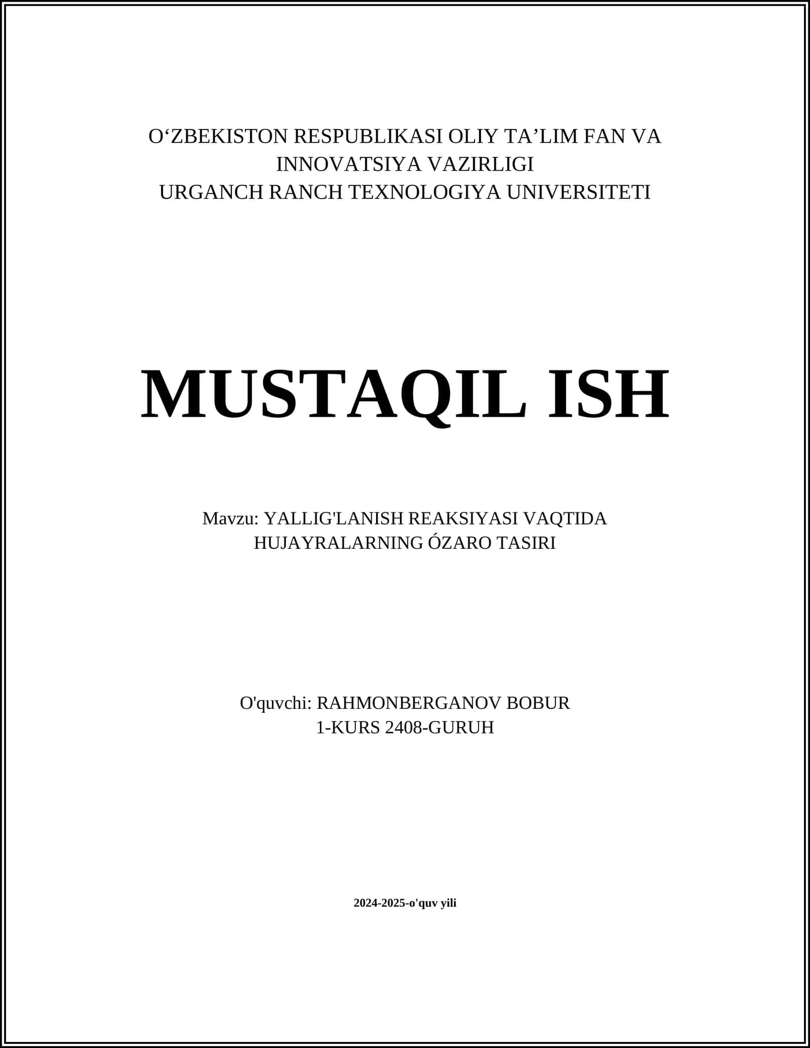 YALLIG'LANISH REAKSIYASI VAQTIDA HUJAYRALARNING ÓZARO TASIRI 1