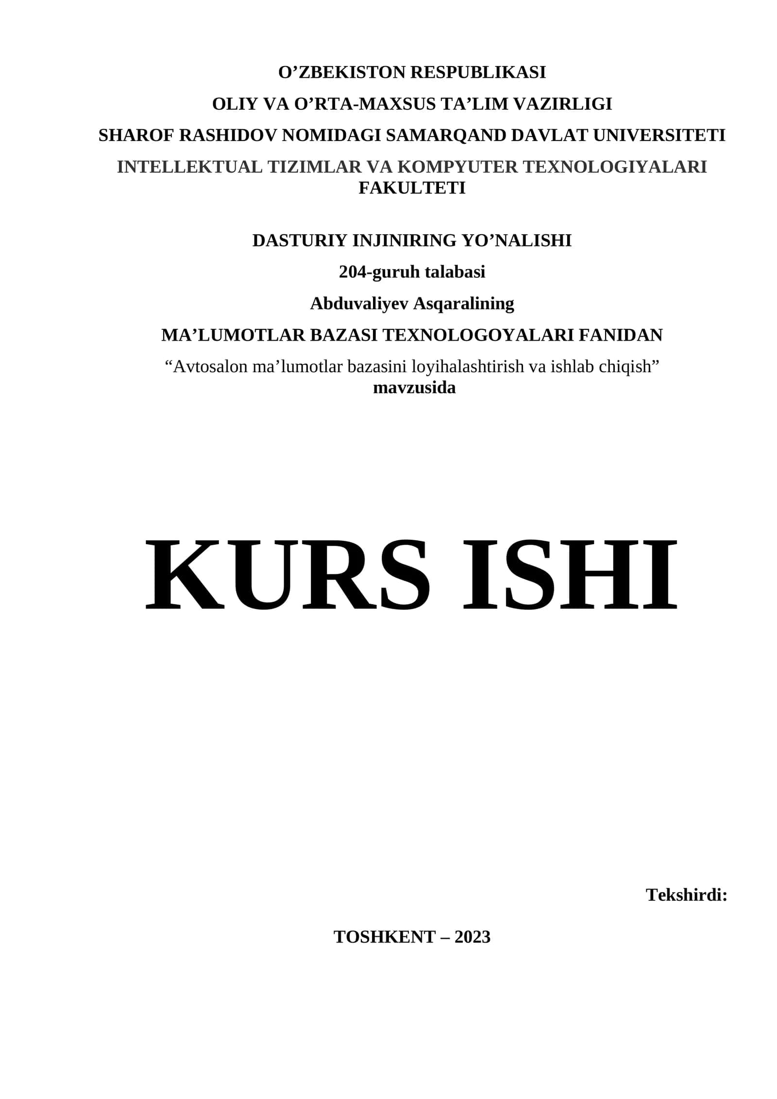 Avtosalon ma’lumotlar bazasini loyihalashtirish va ishlab chiqish 1