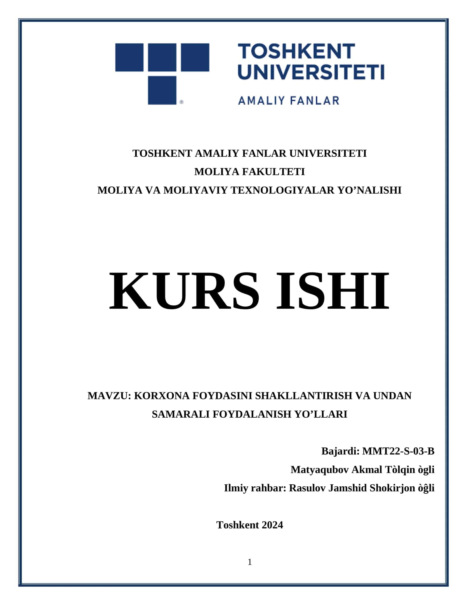Kurs ishi: Korxona foydasini shakllantirish va undan samarali foydalanish yollari 1