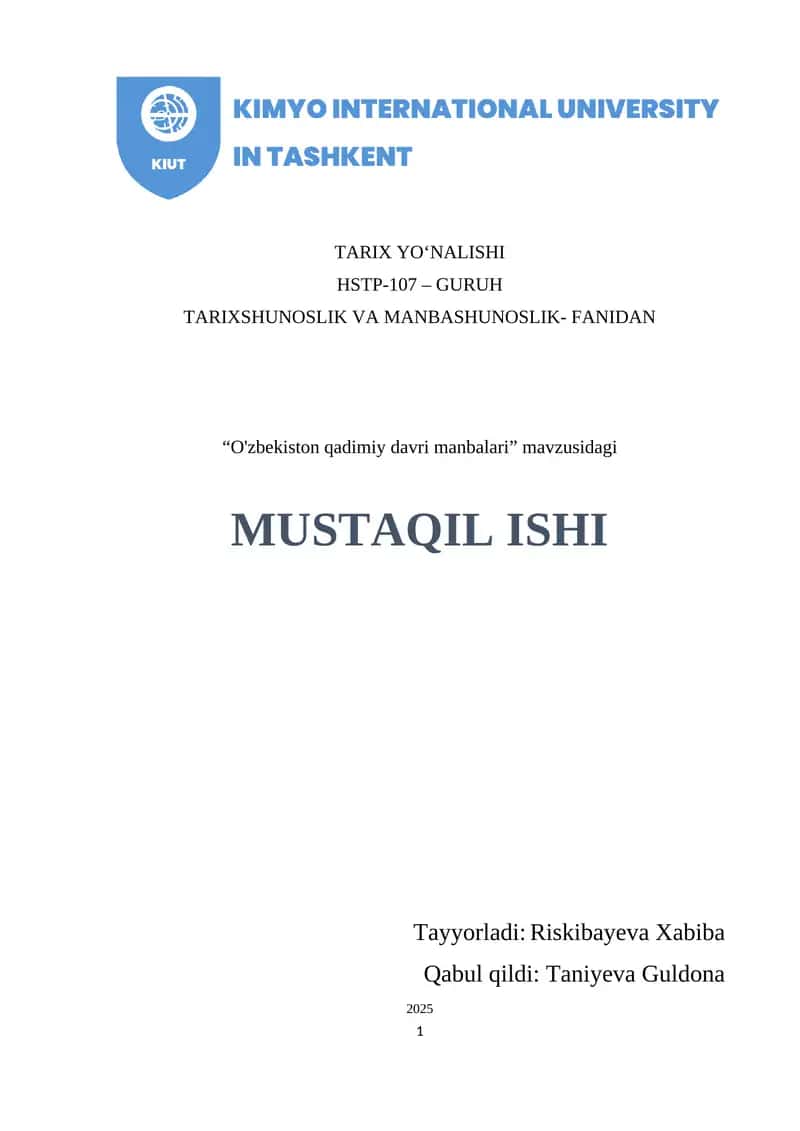 “O'zbekiston qadimiy davri manbalari” mavzusidagi 1