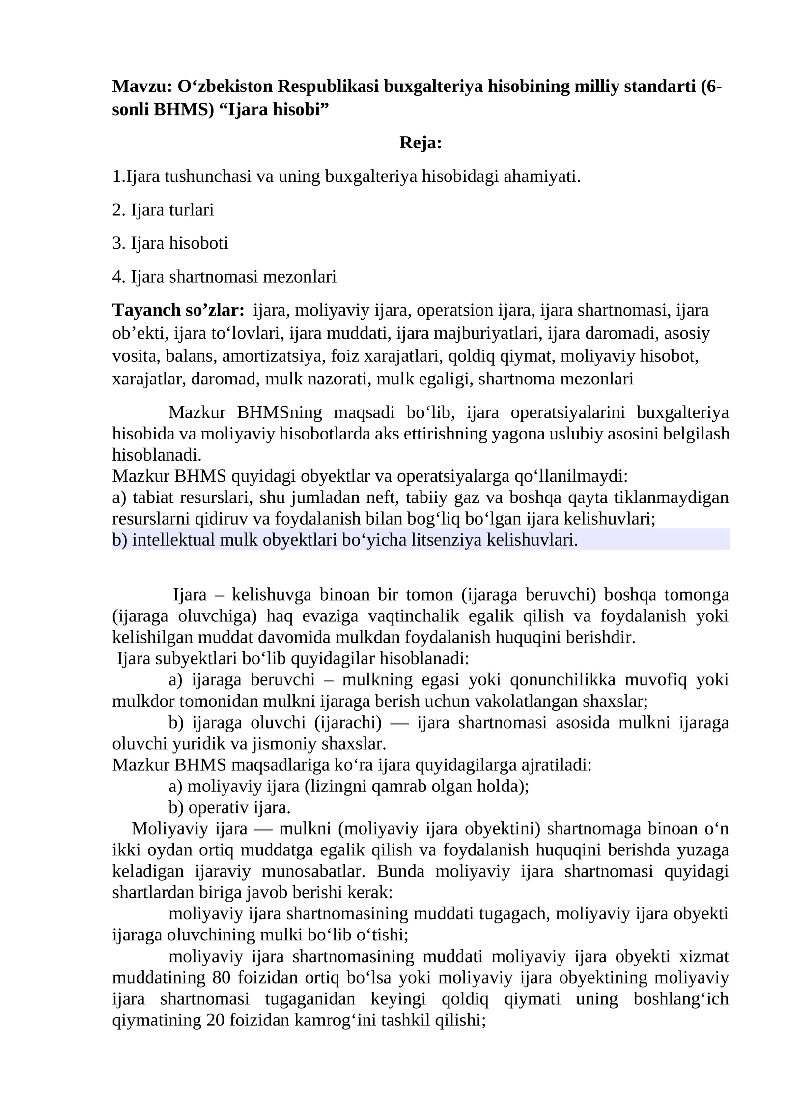 O‘zbekiston Respublikasi buxgalteriya hisobining milliy standarti (6-sonli BHMS) “Ijara hisobi” 1