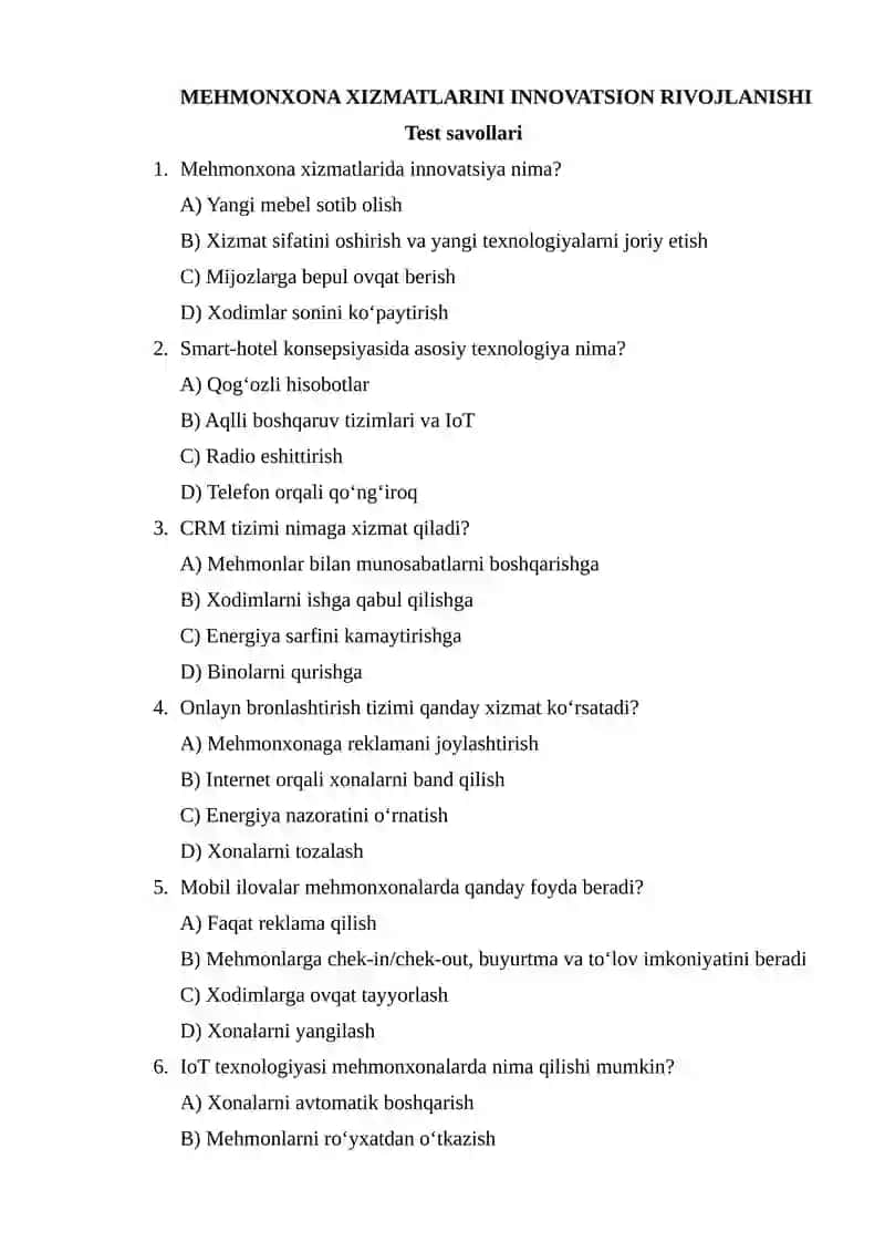 Innovatsion Mehmonxona Xizmatlari