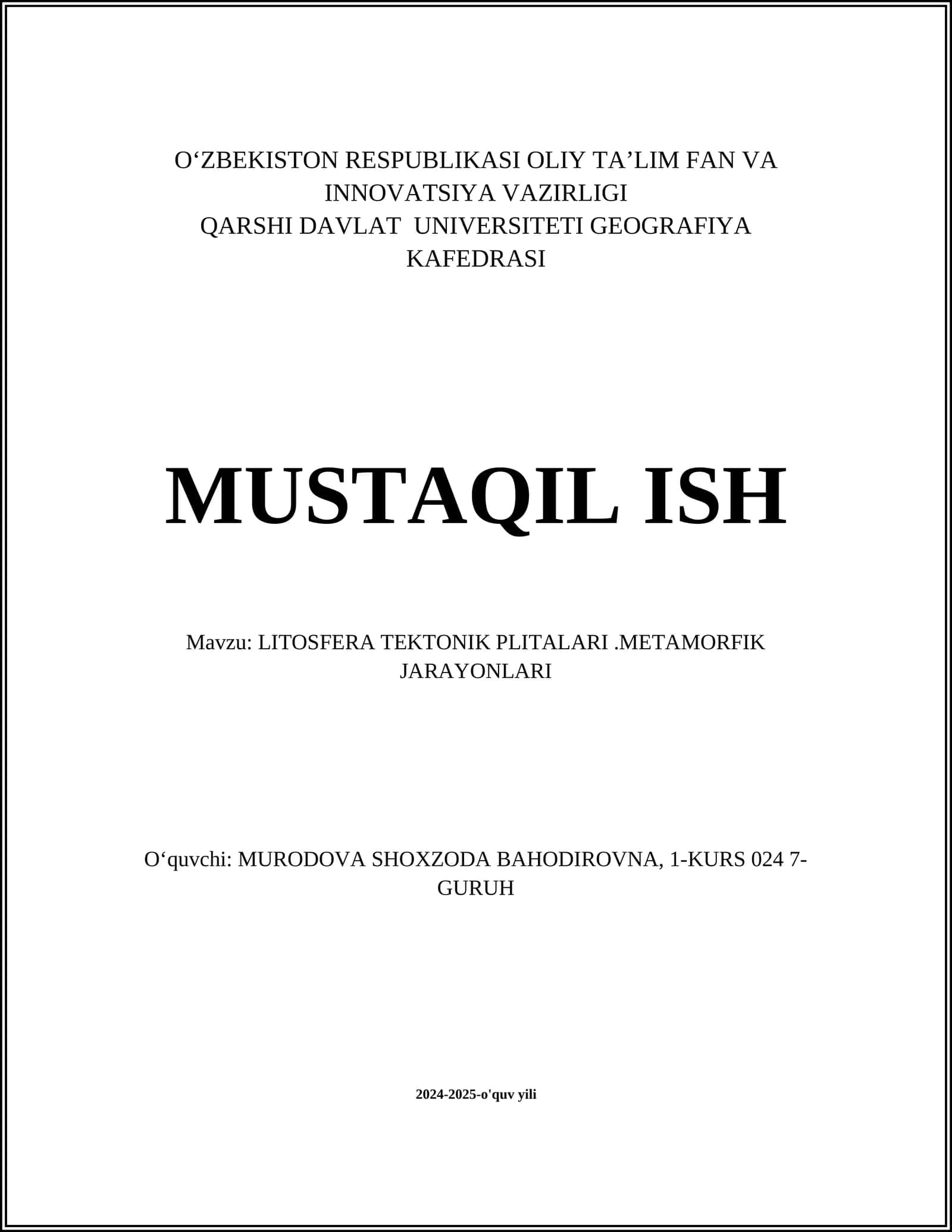 LITOSFERA TEKTONIK PLITALARI.METAMORFIK JARAYONLARI 1