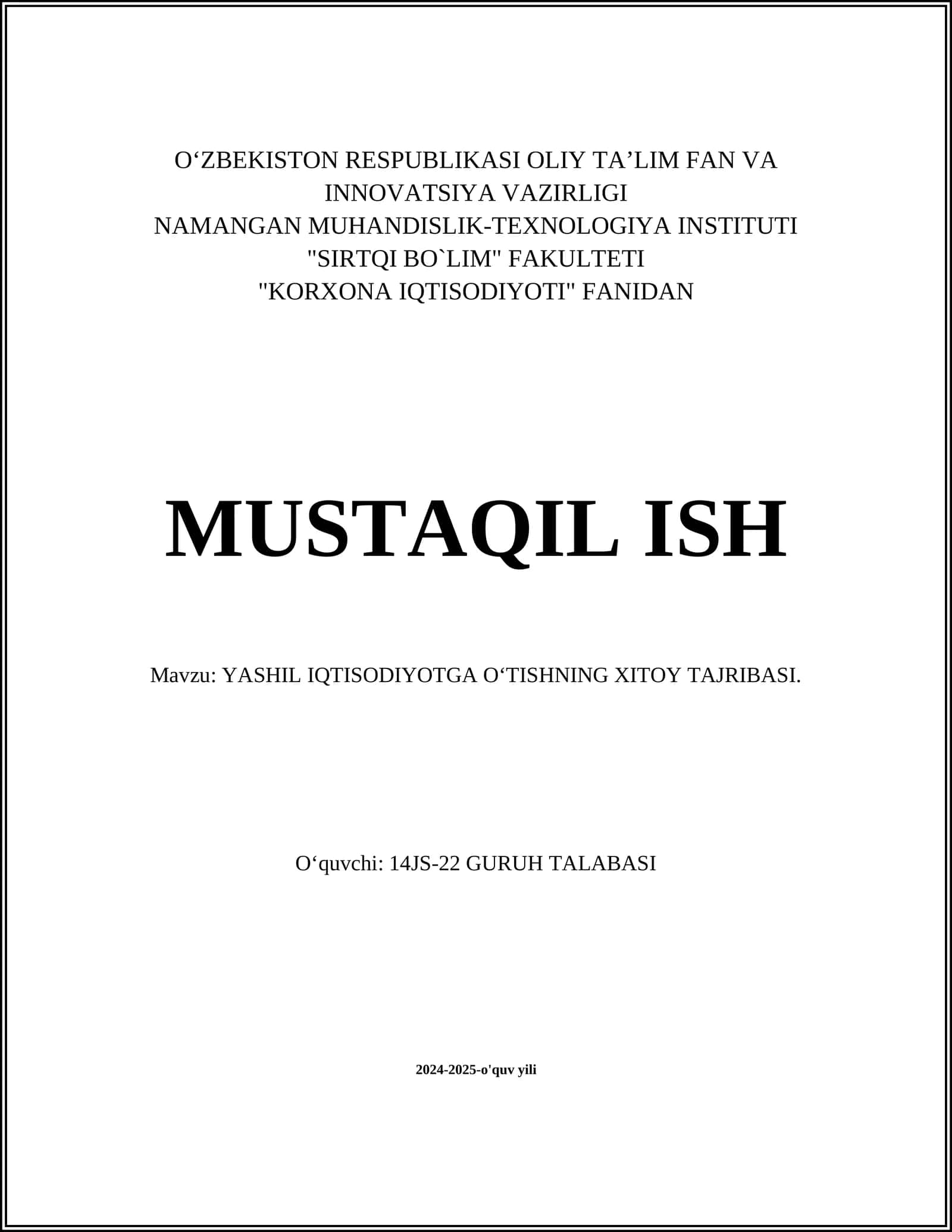 YASHIL IQTISODIYOTGA O‘TISHNING XITOY TAJRIBASI 1