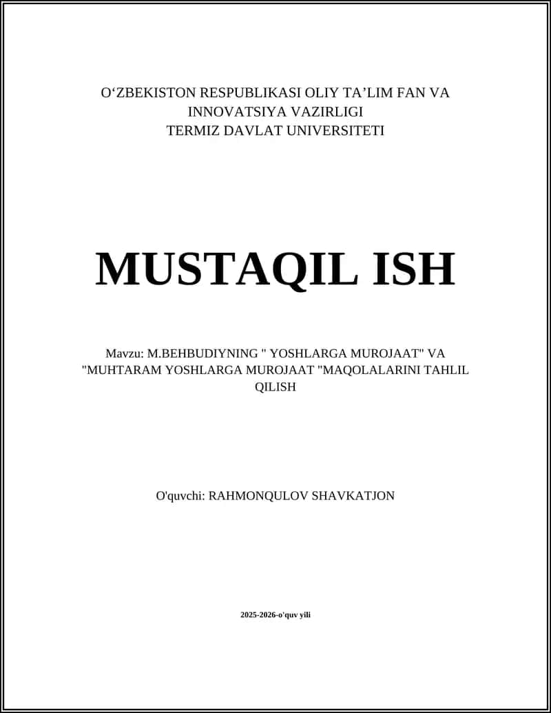 M.Behbudiyning "Yoshlarga murojaat" va "Muhtaram yoshlarga murojaat" maqolalari 1