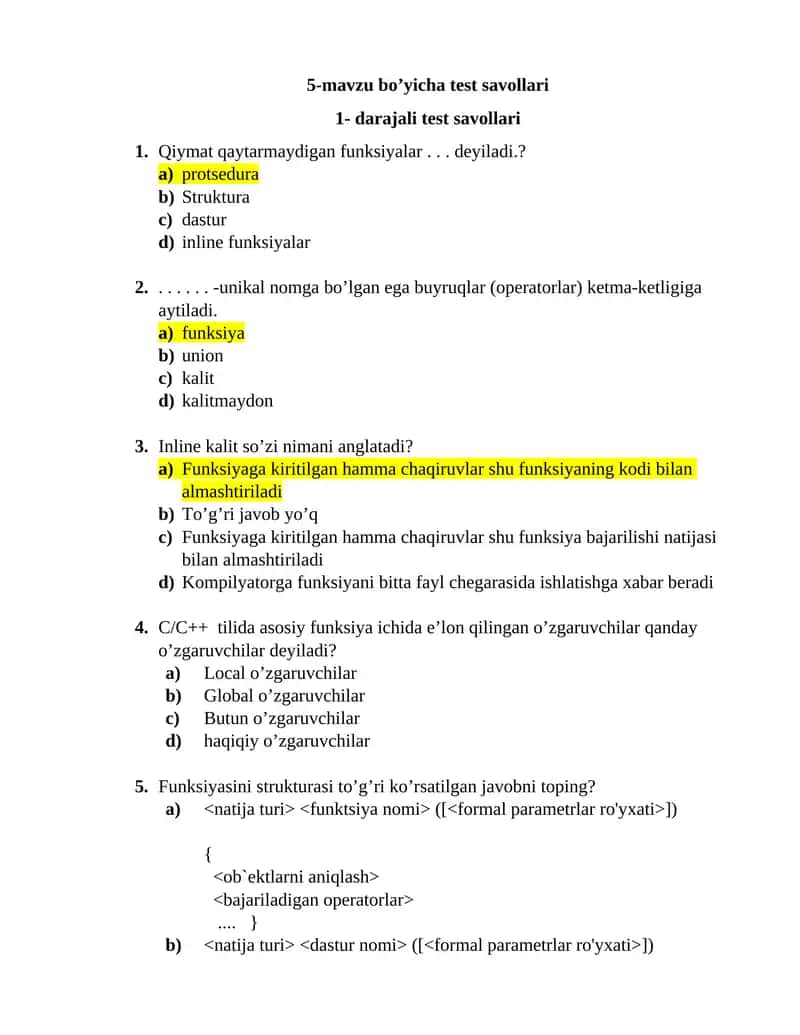 5-mavzu bo’yicha test savollari 1