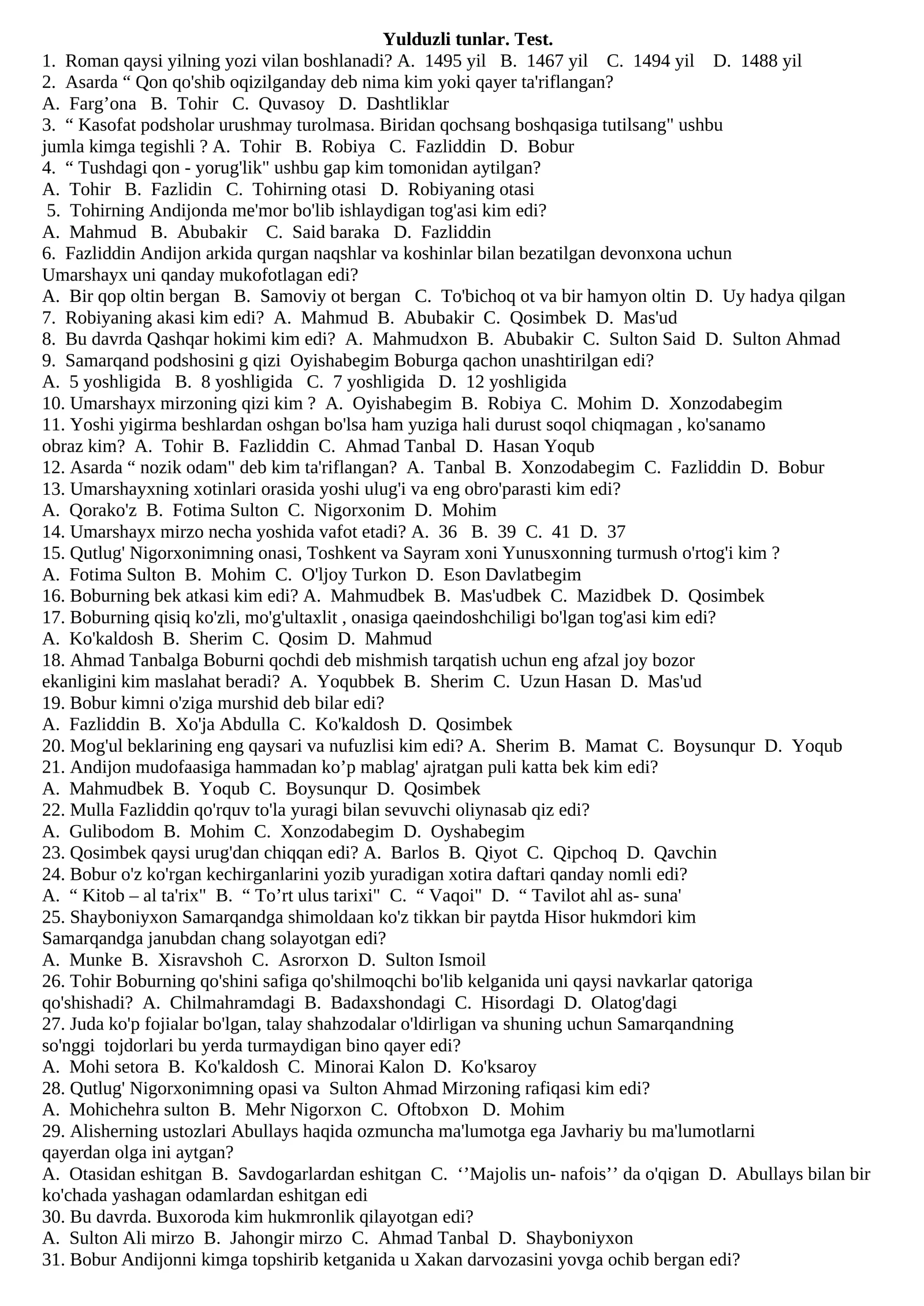 Yulduzli tunlar Test 1