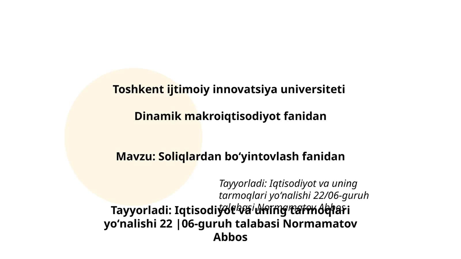 Soliqlardan boʻyintovlash fanidan 1