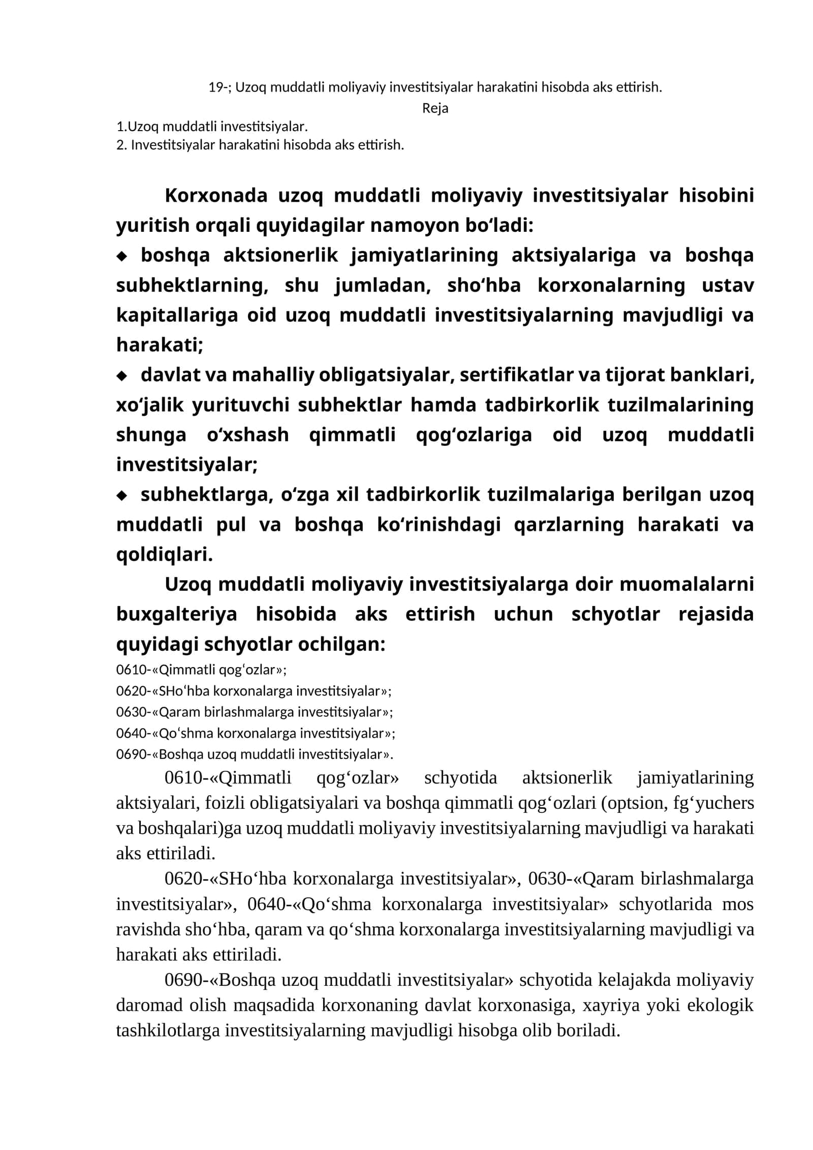 Uzoq muddatli moliyaviy investitsiyalar harakatini hisobda aks ettirish 1