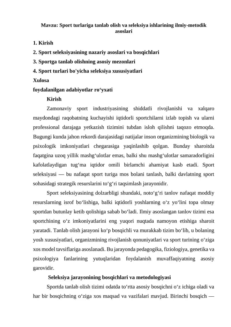 Sport turlariga tanlab olish va seleksiya ishlarining ilmiy-metodik asoslari 1