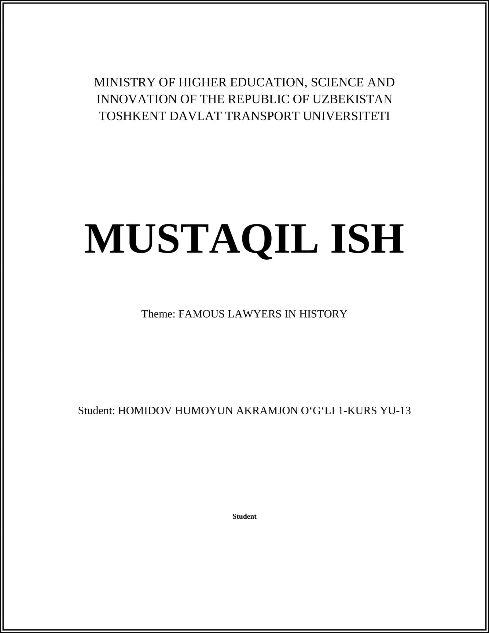 TOSHKENT DAVLAT TRANSPORT UNIVERSITETI MUSTAQIL ISHI 1