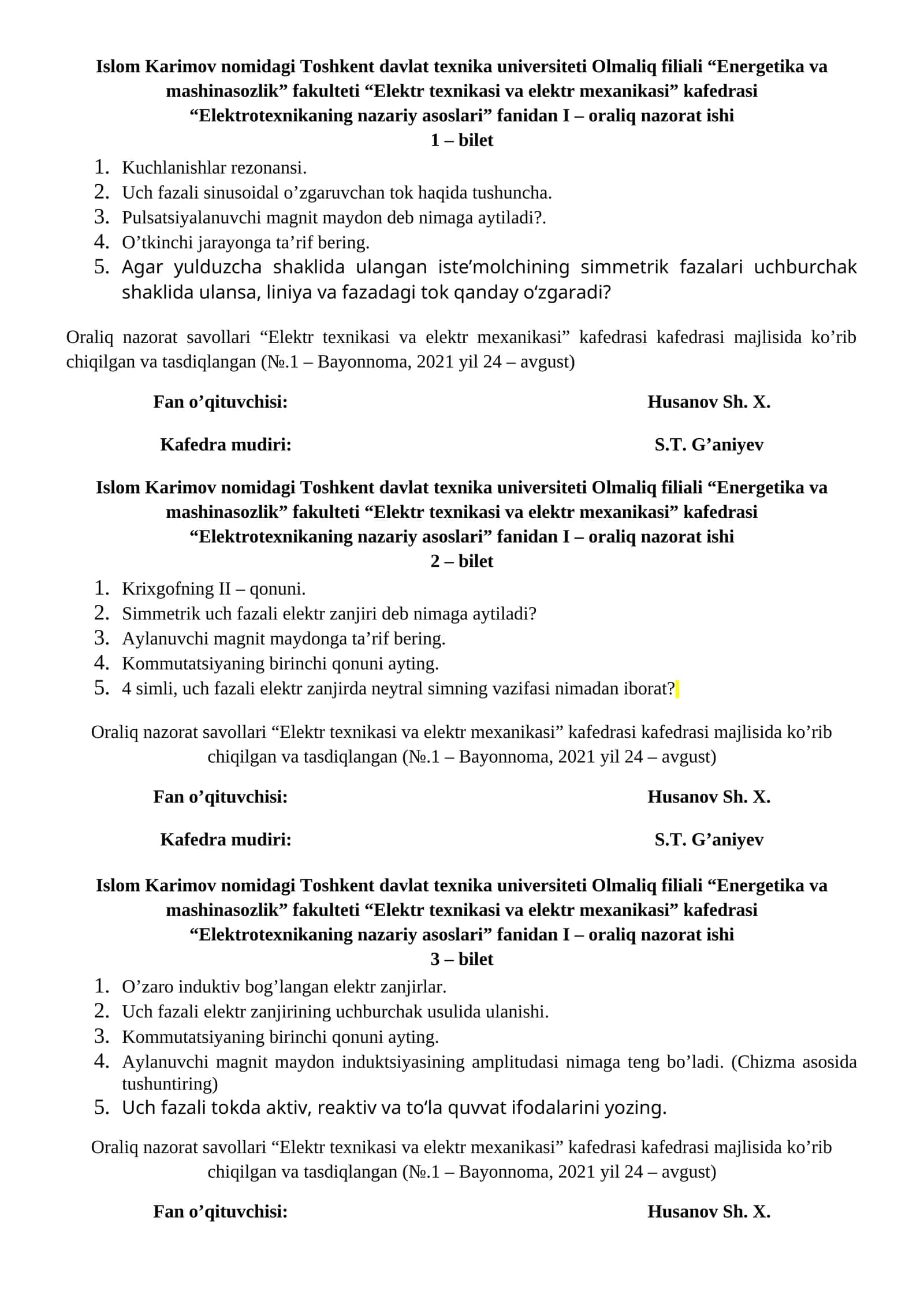 Elektrotexnikaning nazariy asoslari fanidan I – oraliq nazorat ishi 1