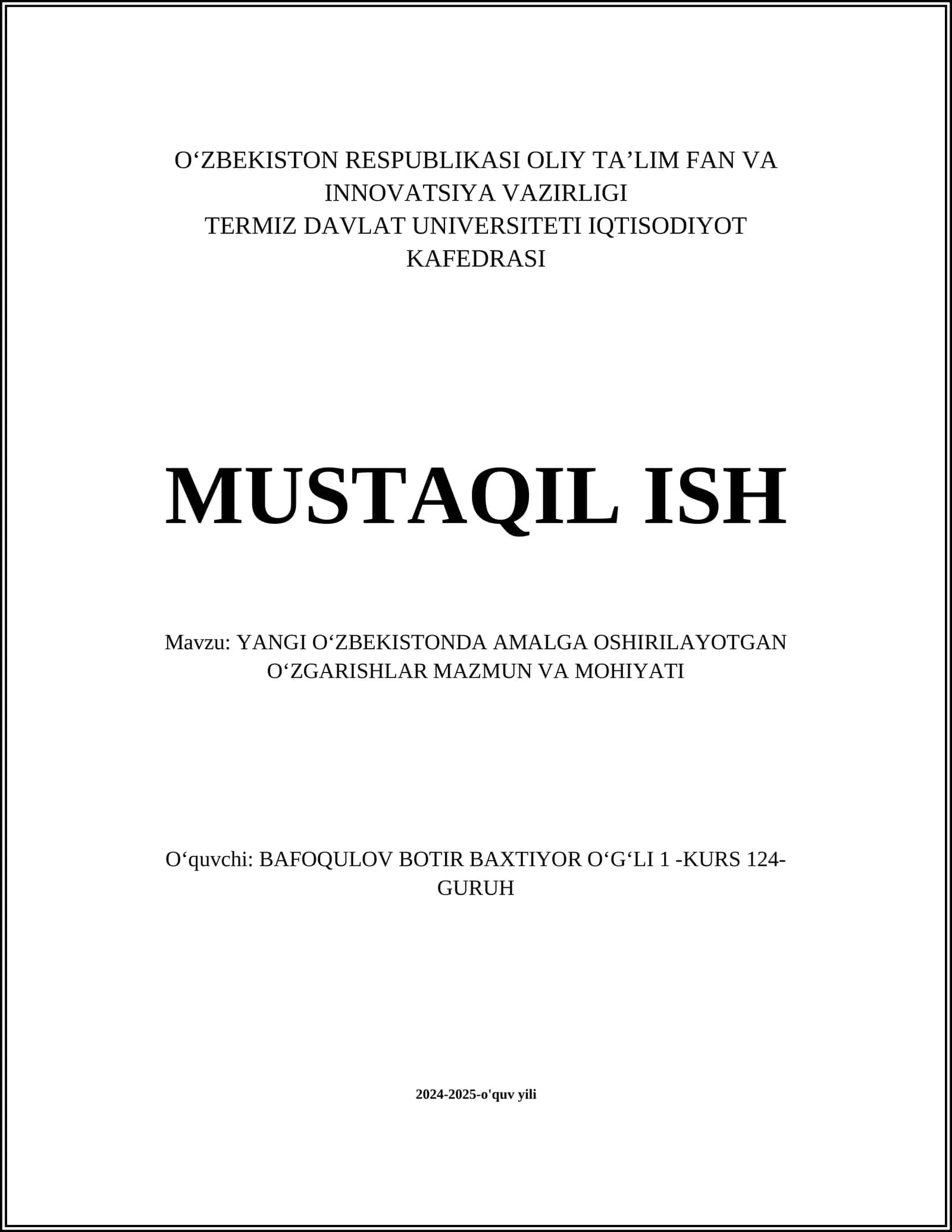 YANGI OʻZBEKISTONDA AMALGA OSHIRILAYOTGAN OʻZGARISHLAR MAZMUN VA MOHIYATI 1