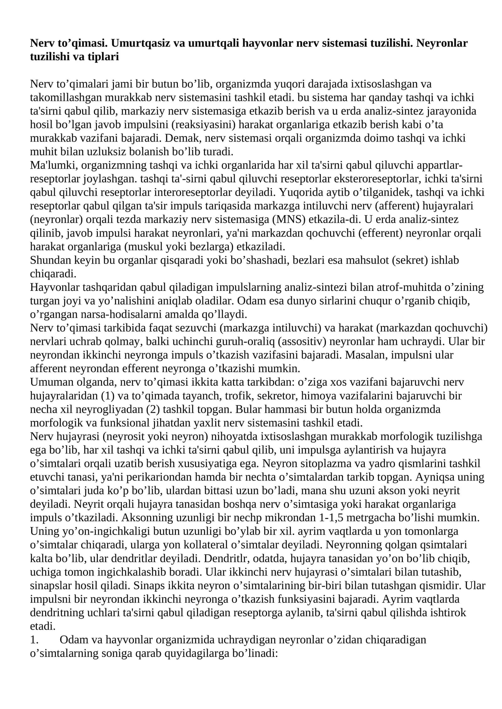 Nerv to’qimasi. Umurtqasiz va umurtqali hayvonlar nerv sistemasi tuzilishi. Neyronlar tuzilishi va tiplari 1