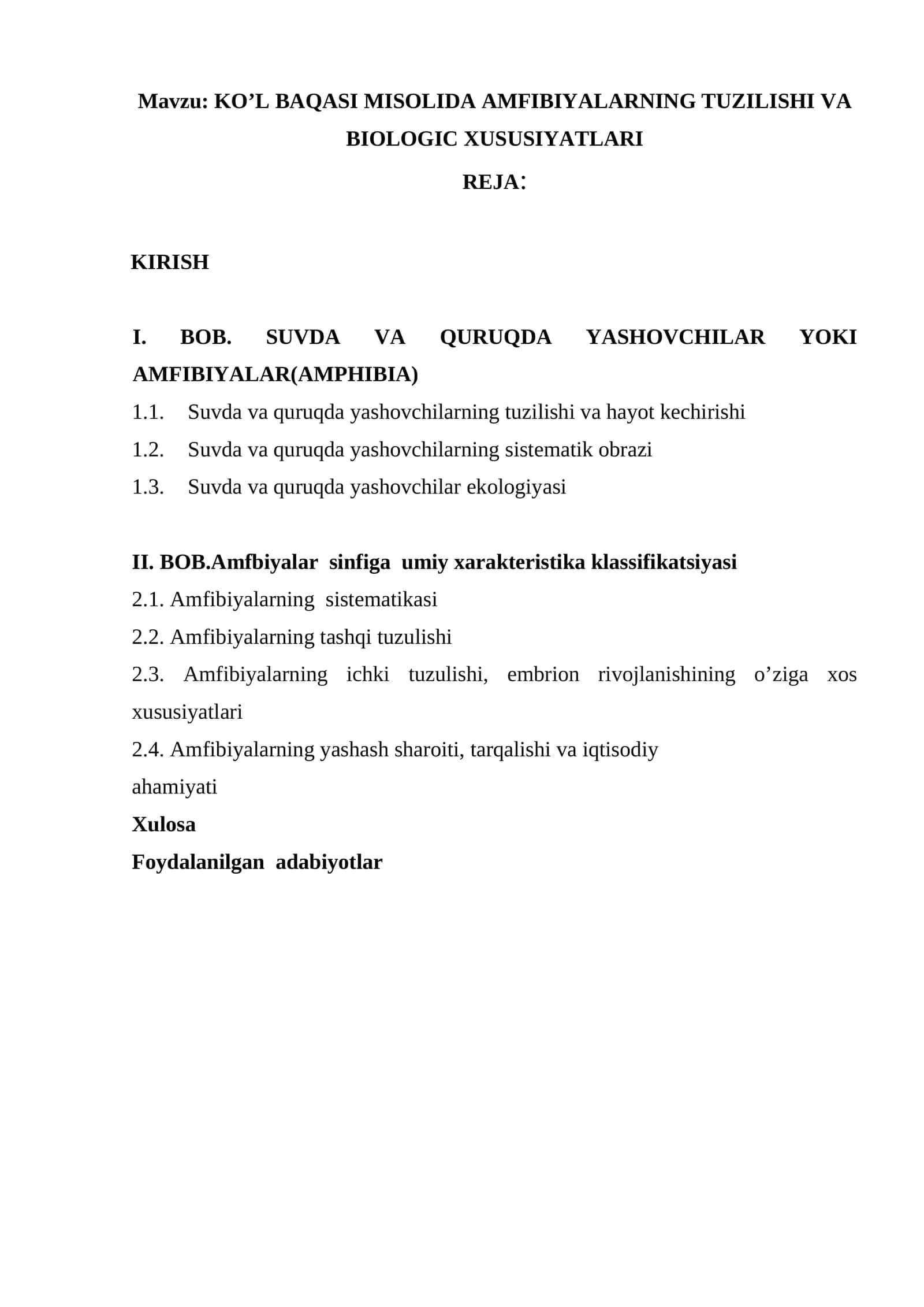 KO’L BAQASI MISOLIDA AMFIBIYALARNING TUZILISHI VA BIOLOGIC XUSUSIYATLARI 1