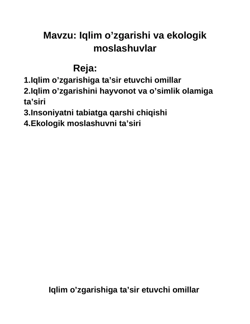 Iqlim o’zgarishi va ekologik moslashuvlar 1