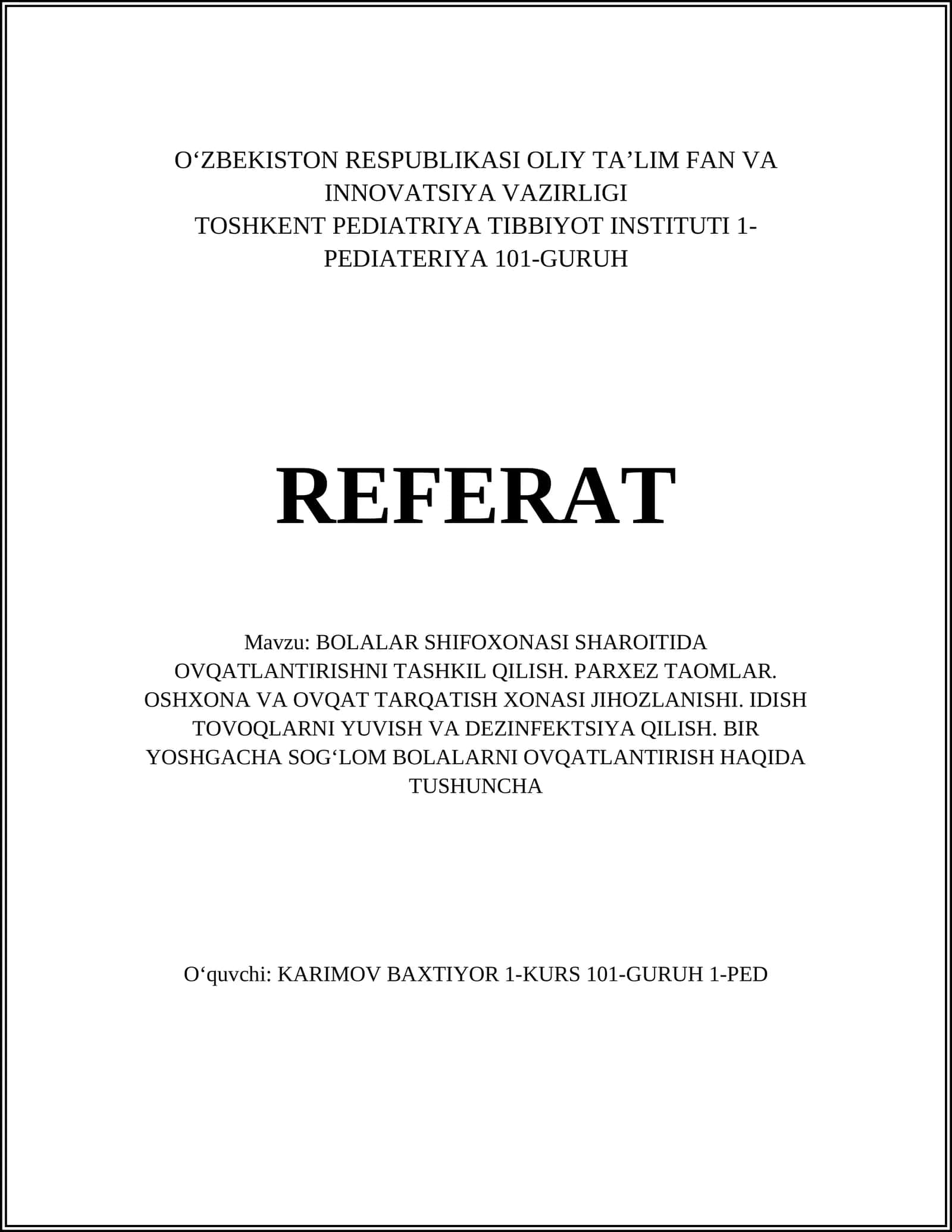 BOLALAR SHIFOXONASI SHAROITIDA OVQATLANTIRISHNI TASHKIL QILISH 1