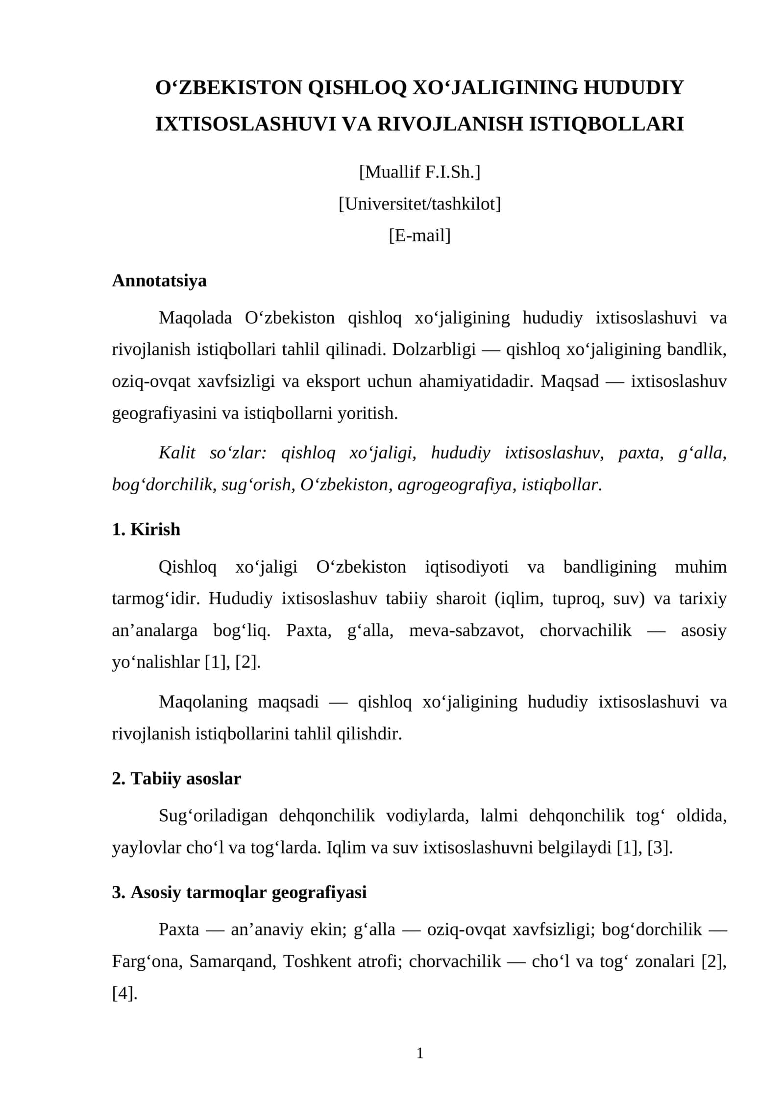 O‘ZBEKISTON QISHLOQ XO‘JALIGINING HUDUDIY IXTISOSLASHUVI VA RIVOJLANISH ISTIQBOLLARI 1