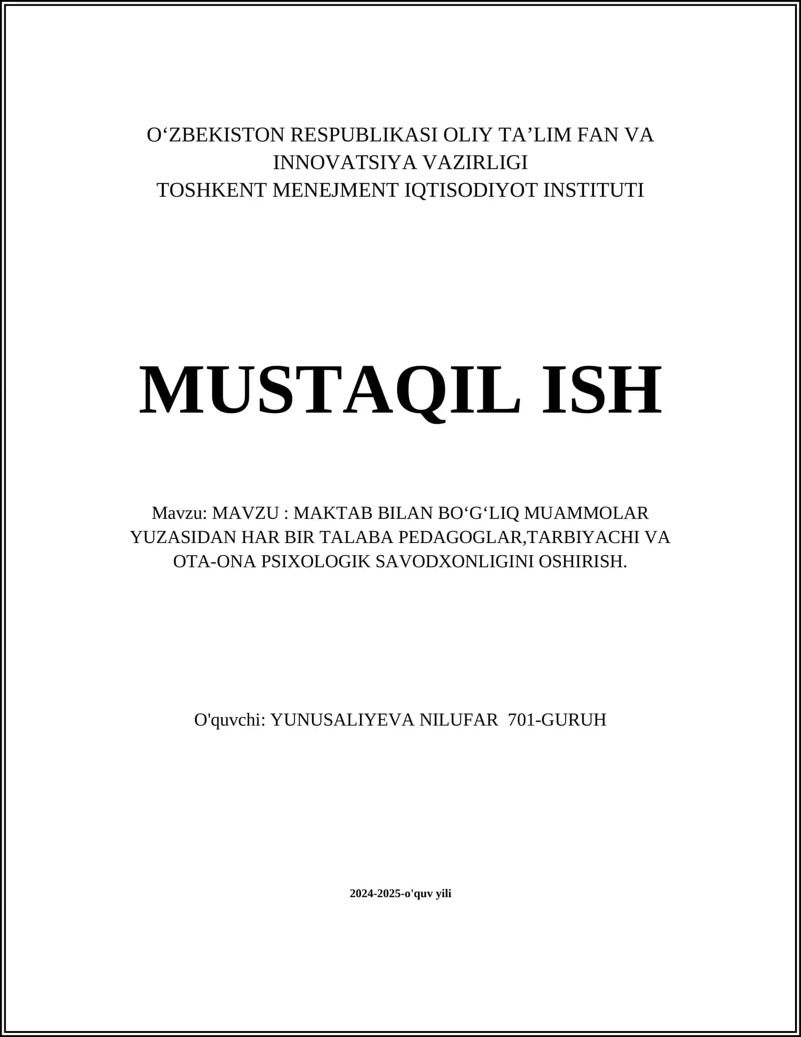 MAKTAB BILAN BOʻGʻLIQ MUAMMOLAR YUZASIDAN HAR BIR TALABA PEDAGOGLAR,TARBIYACHI VA OTA-ONA PSIXOLOGIK SAVODXONLIGINI OSHIRISH 1