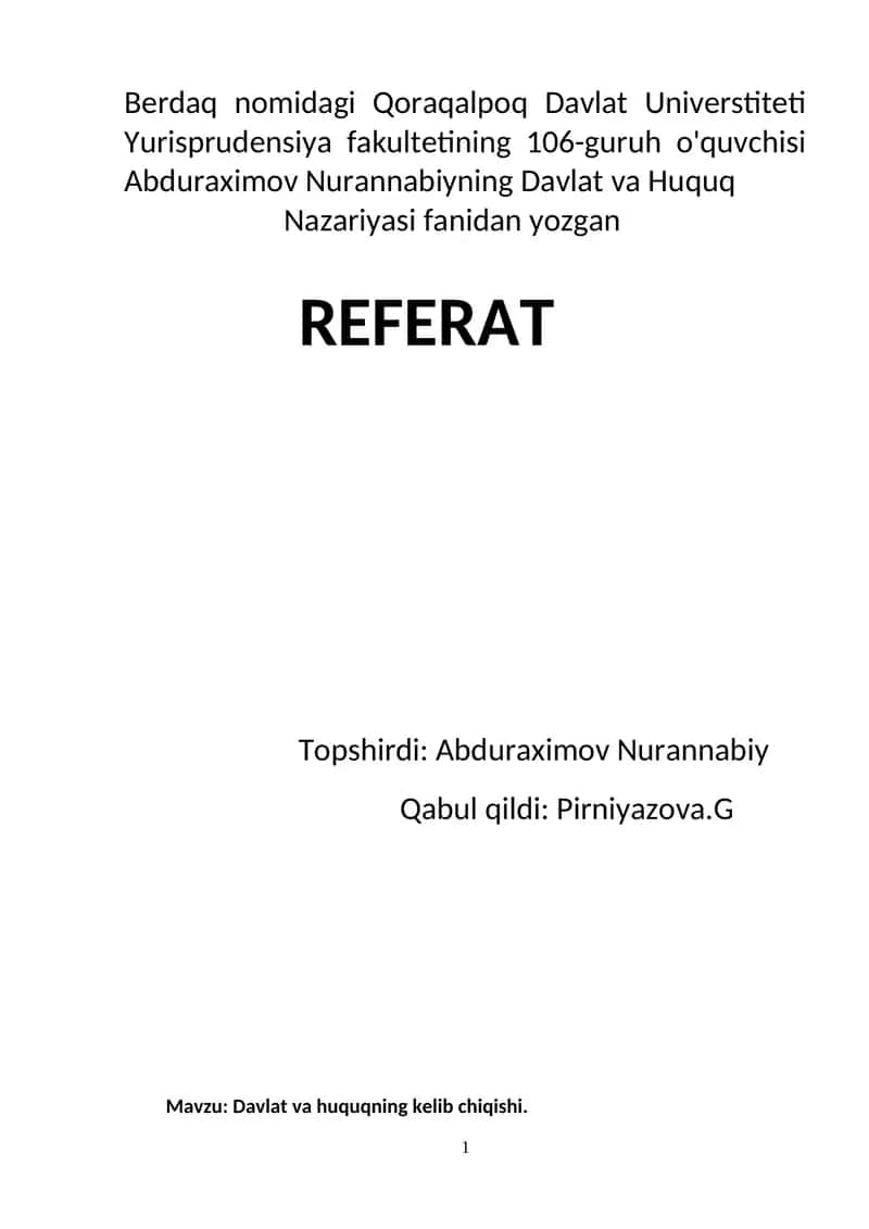Davlat va Huquq Nazariyasi REFERAT 1