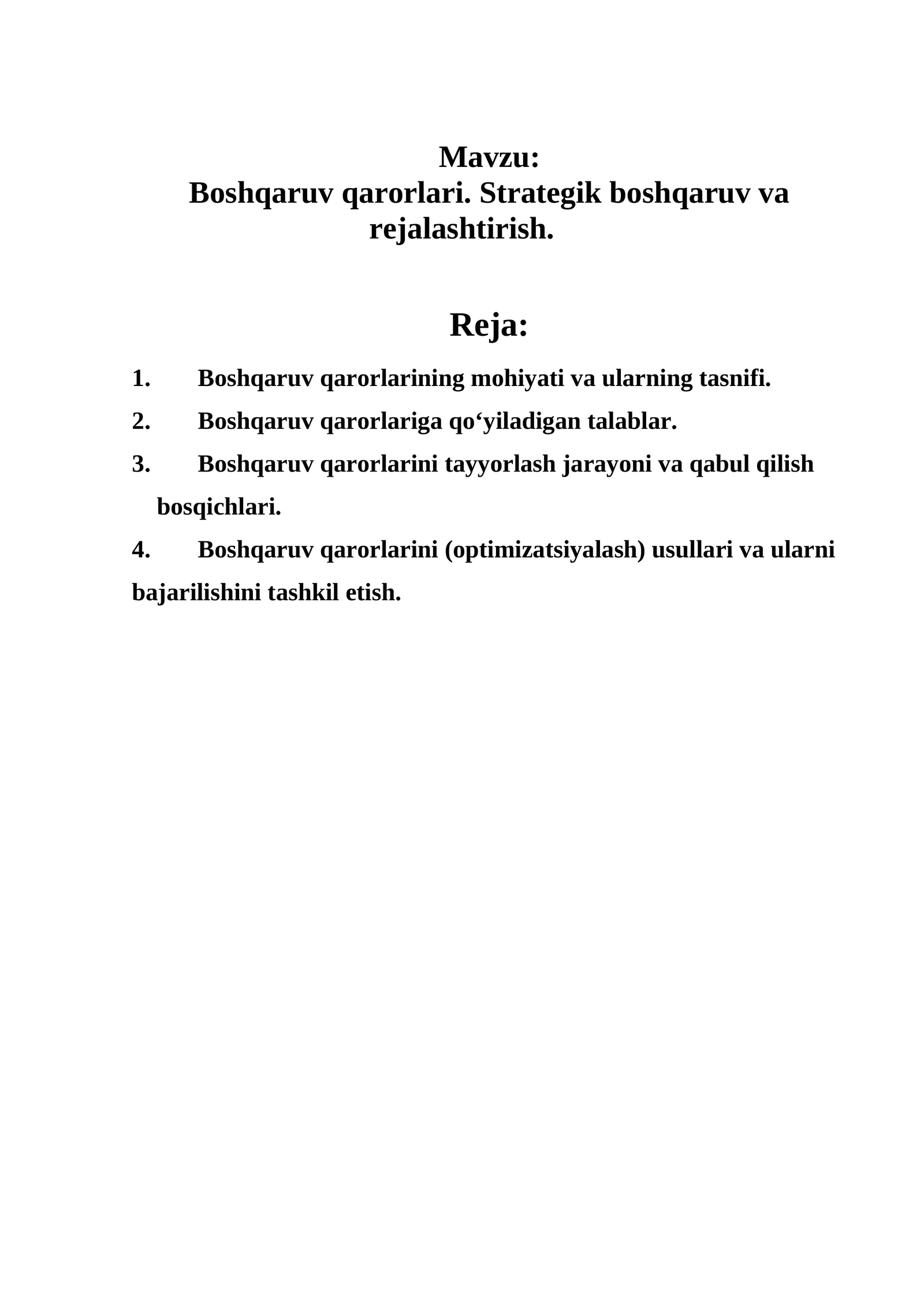 Boshqaruv qarorlari. Strategik boshqaruv va rejalashtirish 1