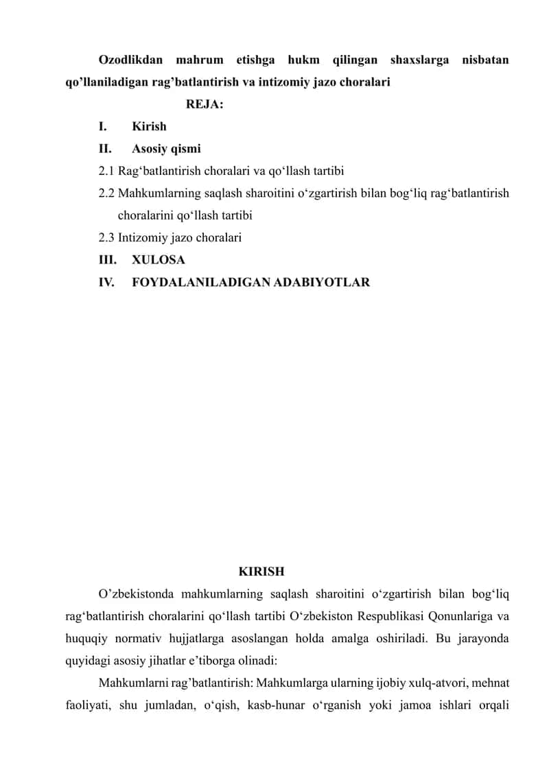 Ozodlikdan mahrum etishga hukm qilingan shaxslarga nisbatan qo’llaniladigan rag’batlantirish 1