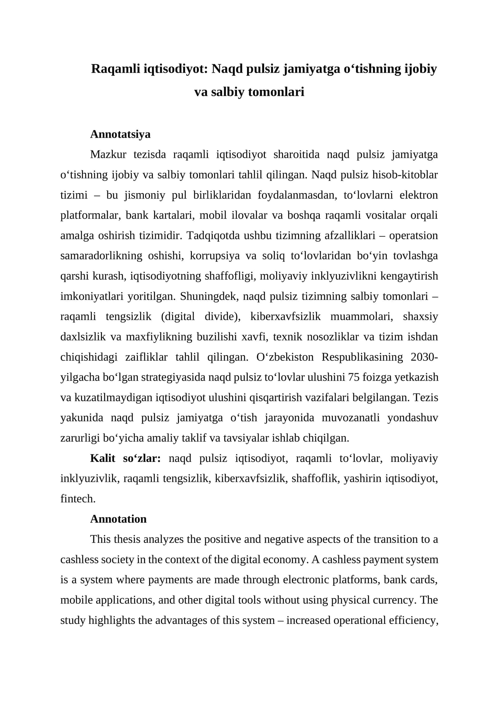 Raqamli iqtisodiyot: Naqd pulsiz jamiyatga o‘tishning ijobiy va salbiy tomonlari 1