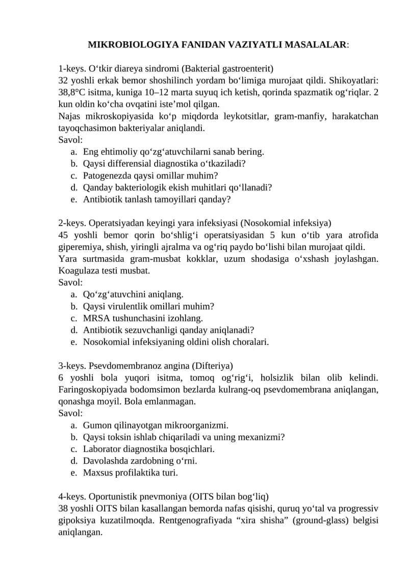 MIKROBIOLOGIYA FANIDAN VAZIYATLI MASALALAR 1