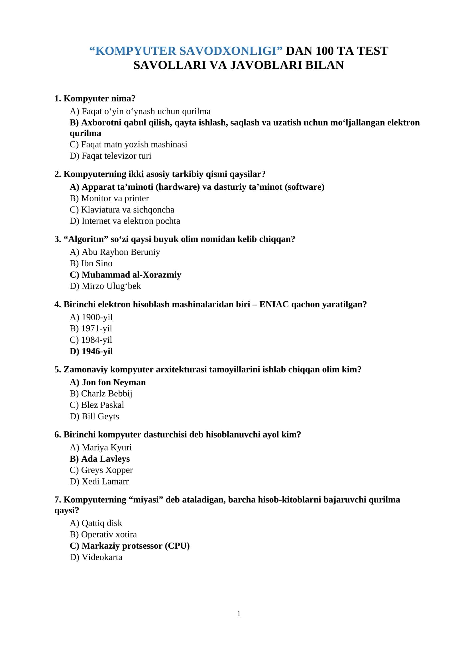 KOMPYUTER SAVODXONLIGI 1