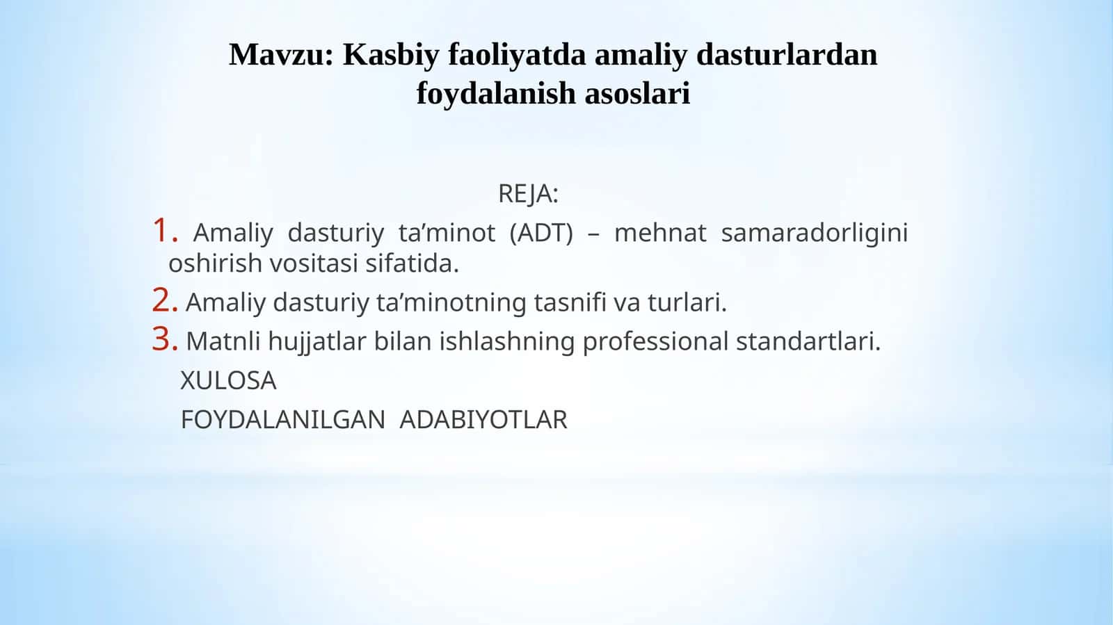 Kasbiy faoliyatda amaliy dasturlardan foydalanish asoslari 1