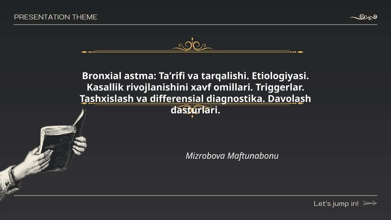 Bronxial astma: Taʼrifi va tarqalishi. Etiologiyasi. Kasallik rivojlanishini xavf omillari. Triggerlar. Tashxislash va differensial diagnostika. Davolash dasturlari 1