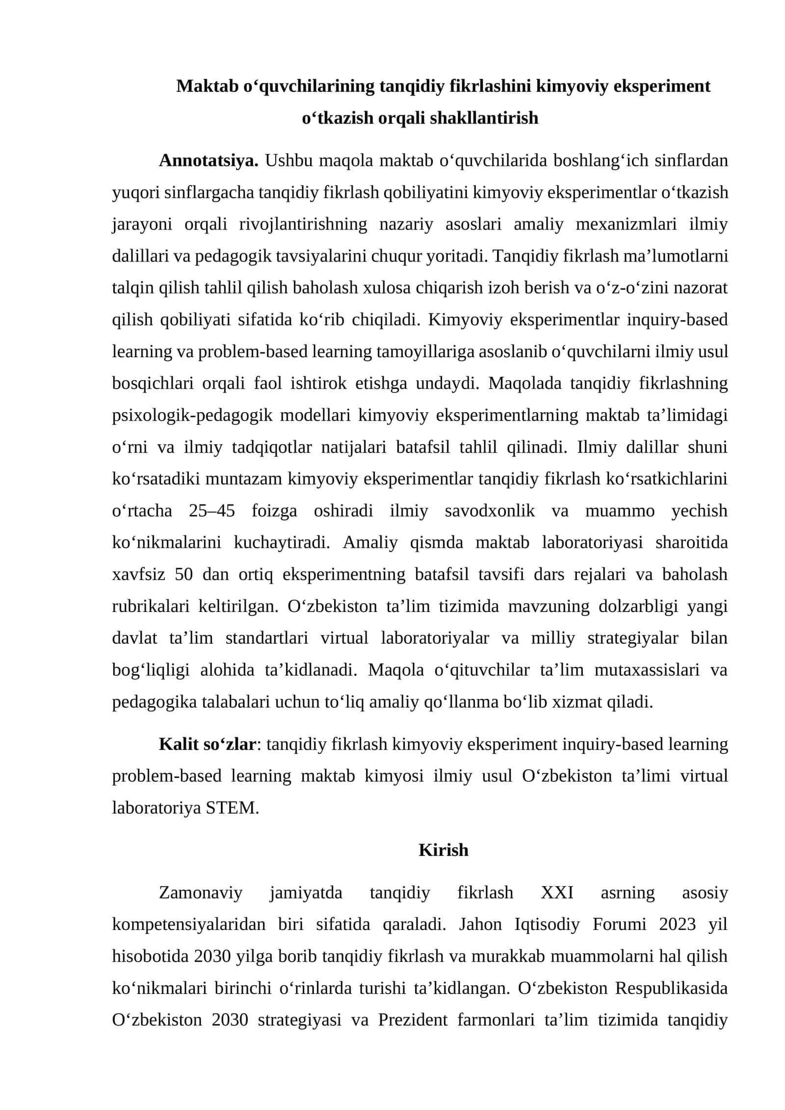 Maktab o‘quvchilarining tanqidiy fikrlashini kimyoviy eksperiment o‘tkazish orqali shakllantirish 1