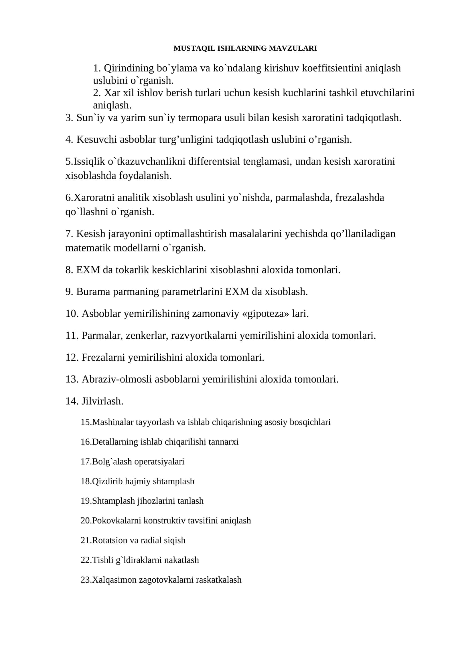 MUSTAQIL ISHLARNING MAVZULARI 1