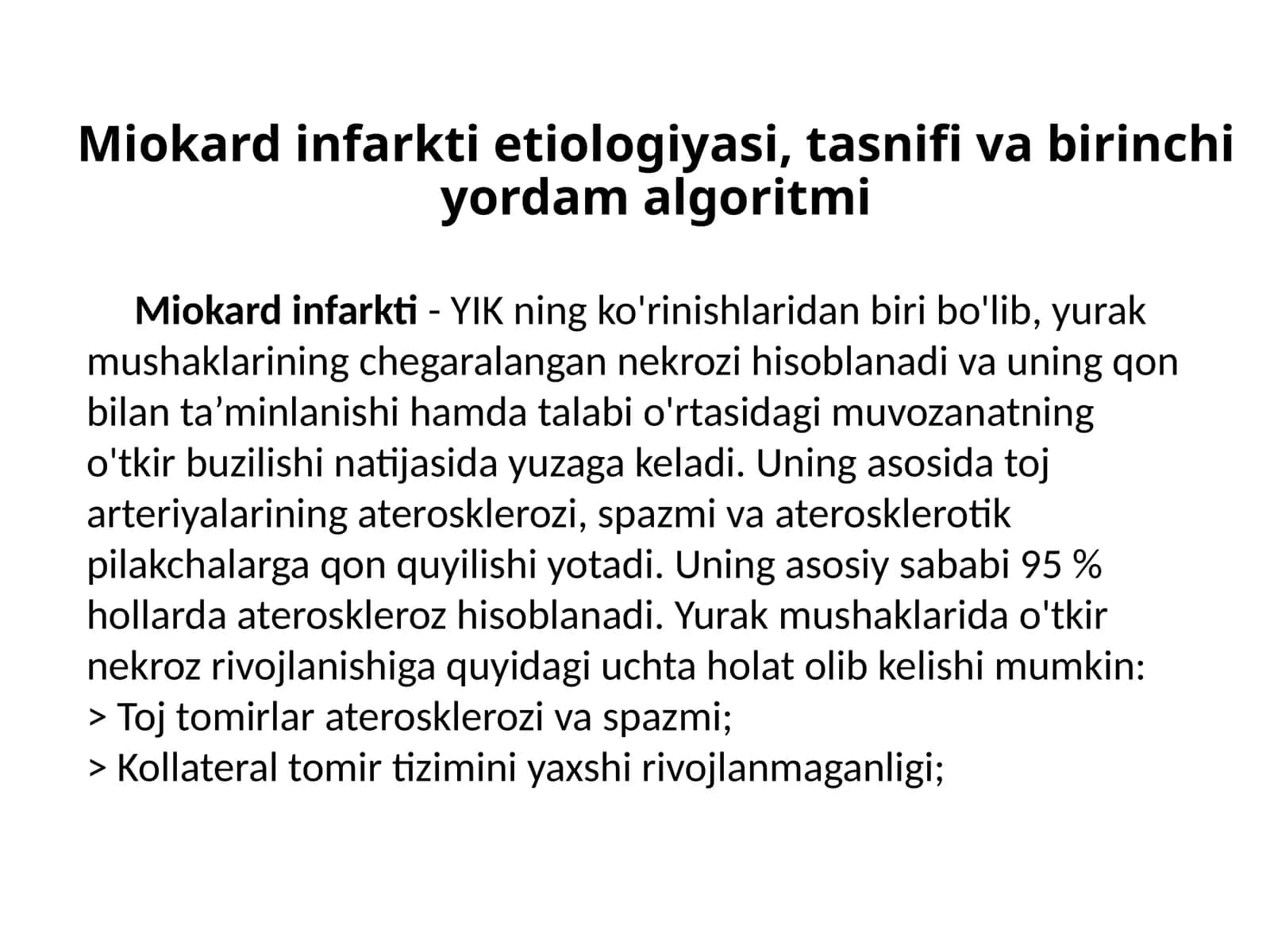 Miokard infarkti etiologiyasi, tasnifi va birinchi yordam algoritmi 1