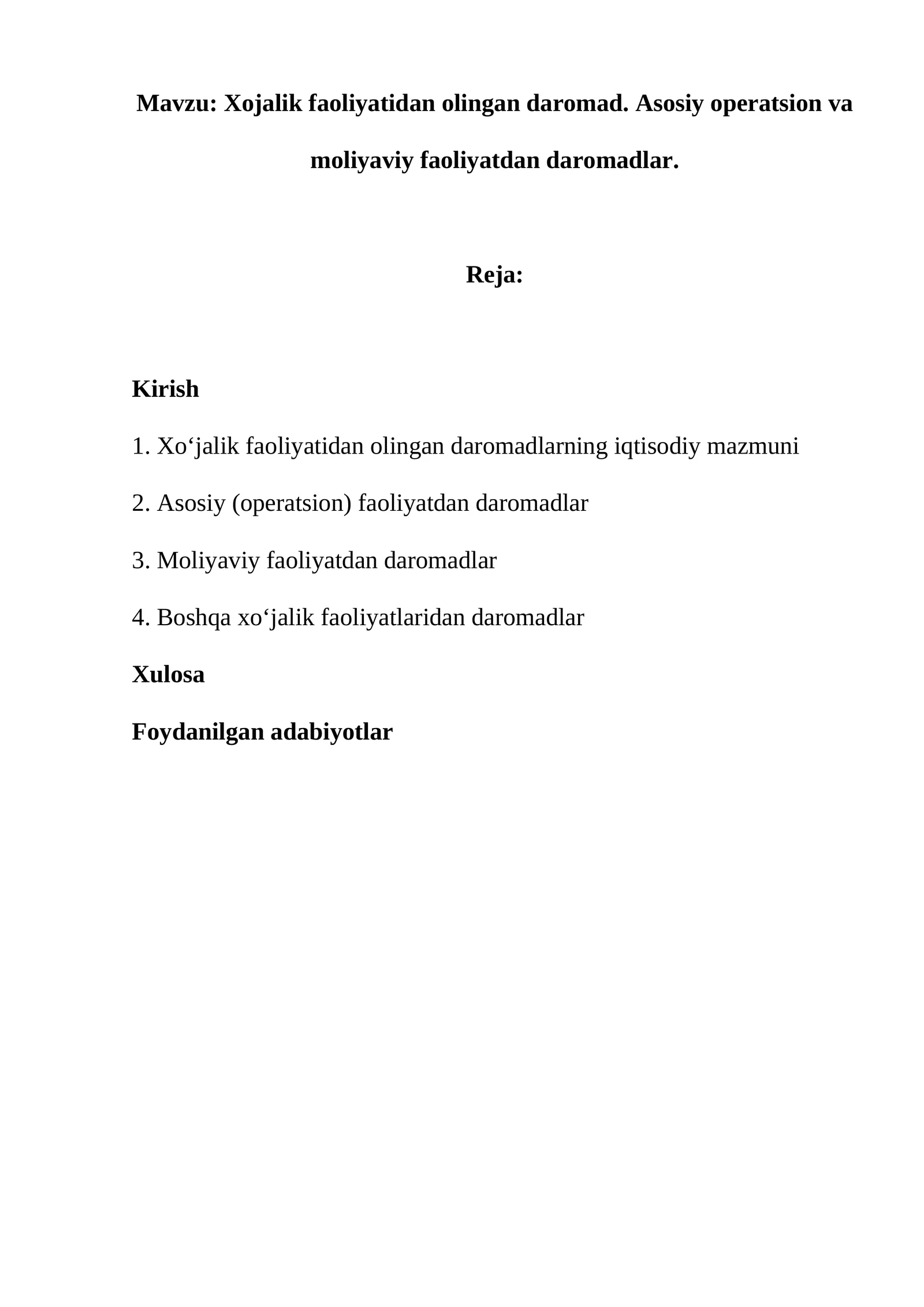 Xojalik faoliyatidan olingan daromad. Asosiy operatsion va moliyaviy faoliyatdan daromadlar 1