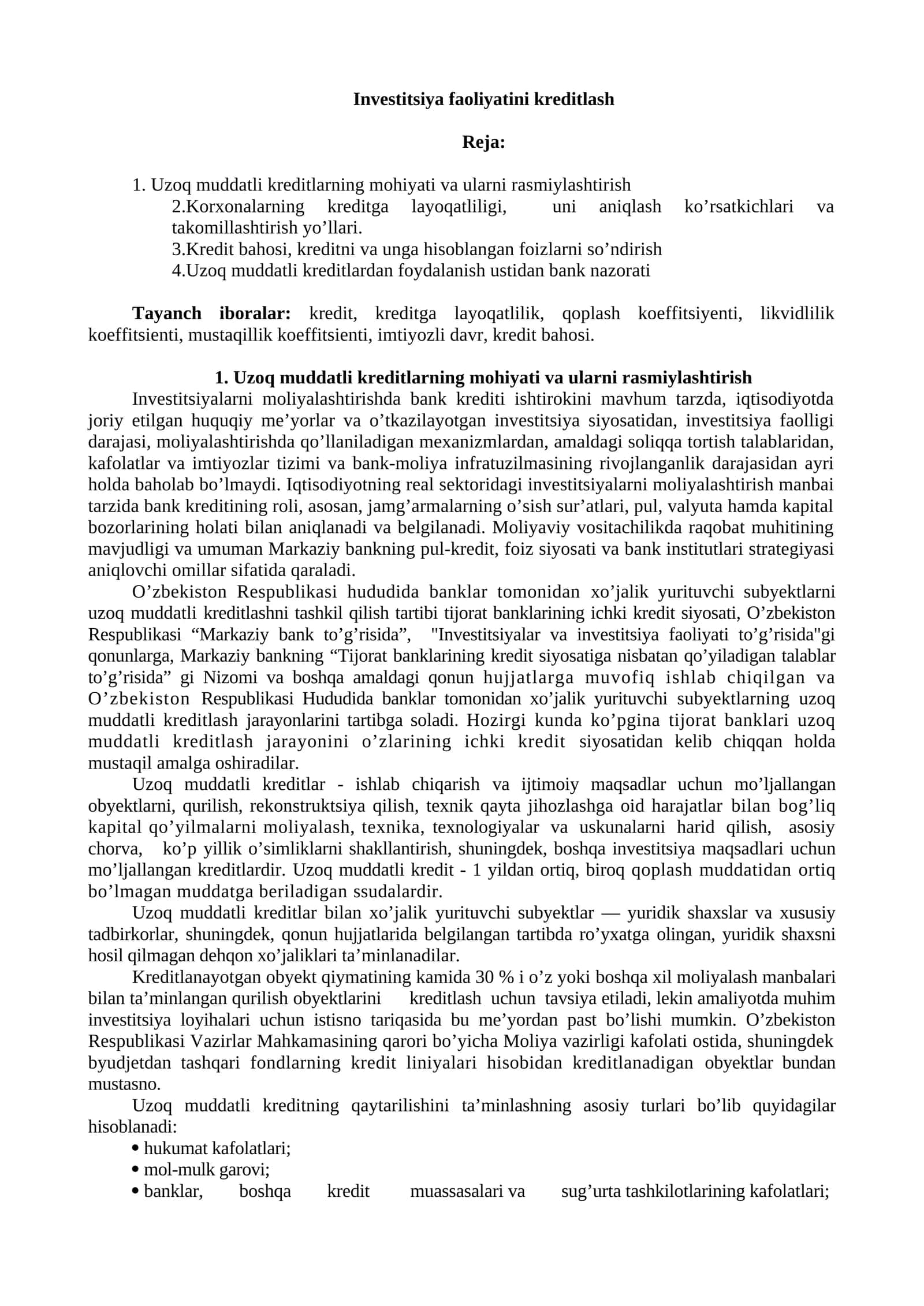 Investitsiya faoliyatini kreditlash 1