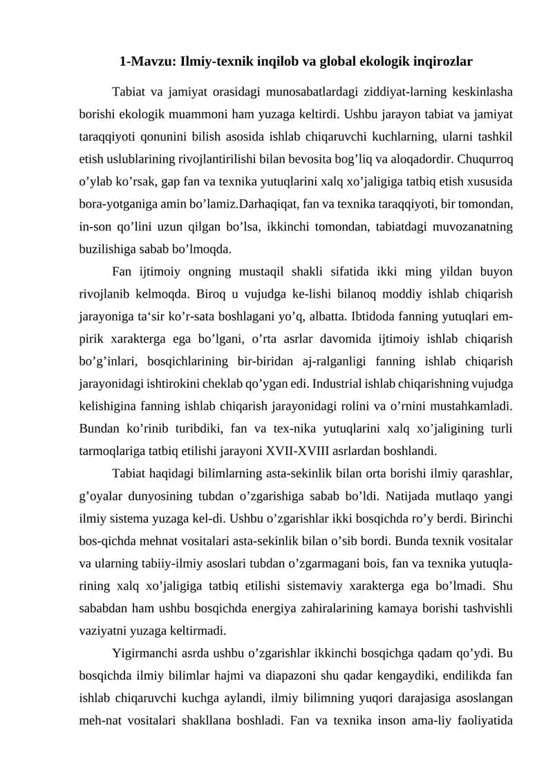 Ilmiy-texnik inqilob va global ekologik inqirozlar 1
