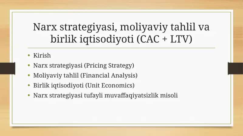 Narx strategiyasi, moliyaviy tahlil va birlik iqtisodiyoti (CAC + LTV) 1