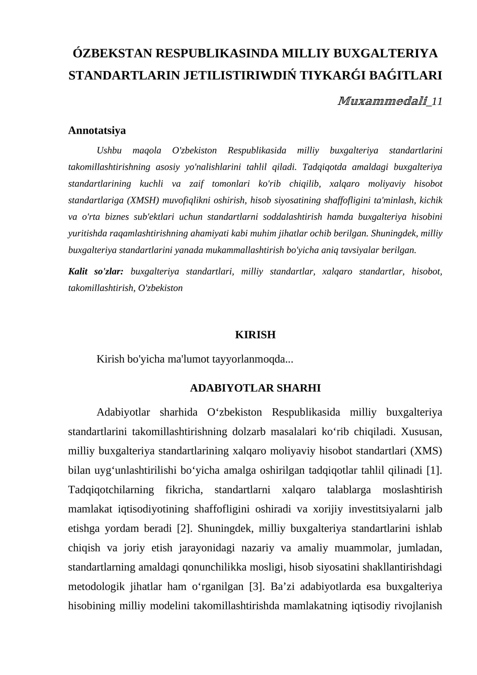 ÓZBEKSTAN RESPUBLIKASINDA MILLIY BUXGALTERIYA STANDARTLARIN JETILISTIRIWDIŃ TIYKARǴI BAǴITLARI 1