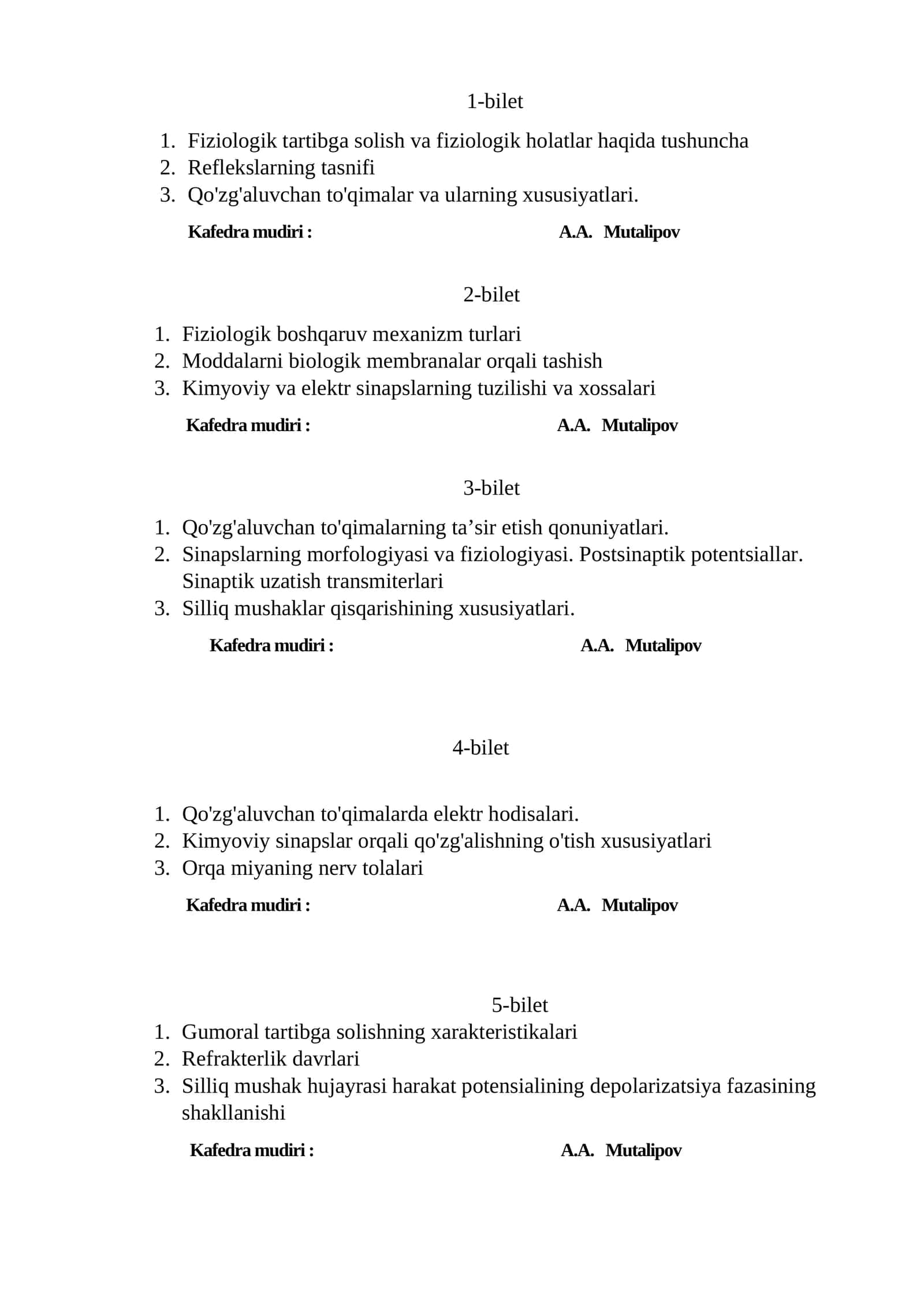Fiziologiya bilimlari imtihon biletleri 1