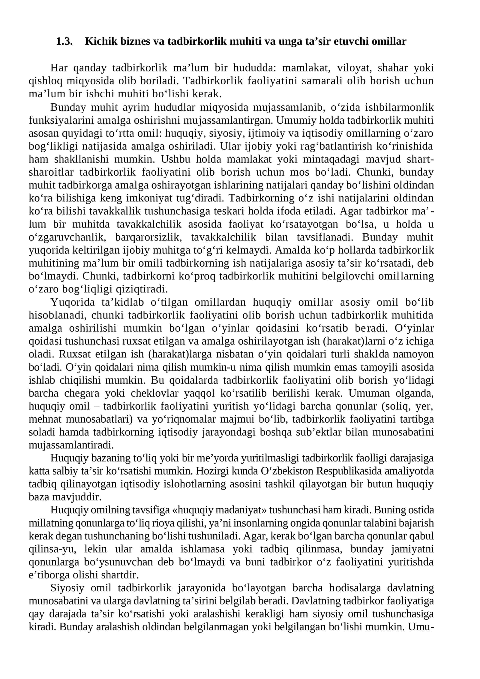 Kichik biznes va tadbirkorlik muhiti va unga ta’sir etuvchi omillar 1