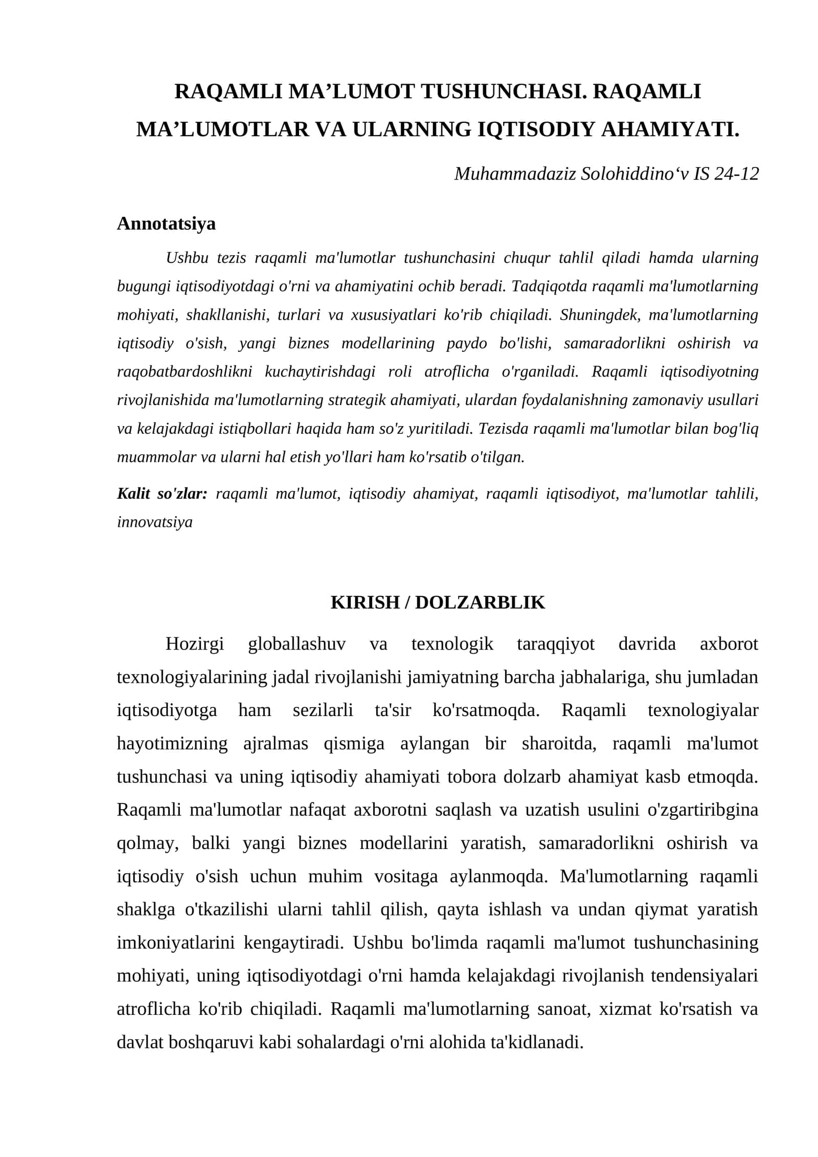 RAQAMLI MA’LUMOT TUSHUNCHASI. RAQAMLI MA’LUMOTLAR VA ULARNING IQTISODIY AHAMIYATI 1