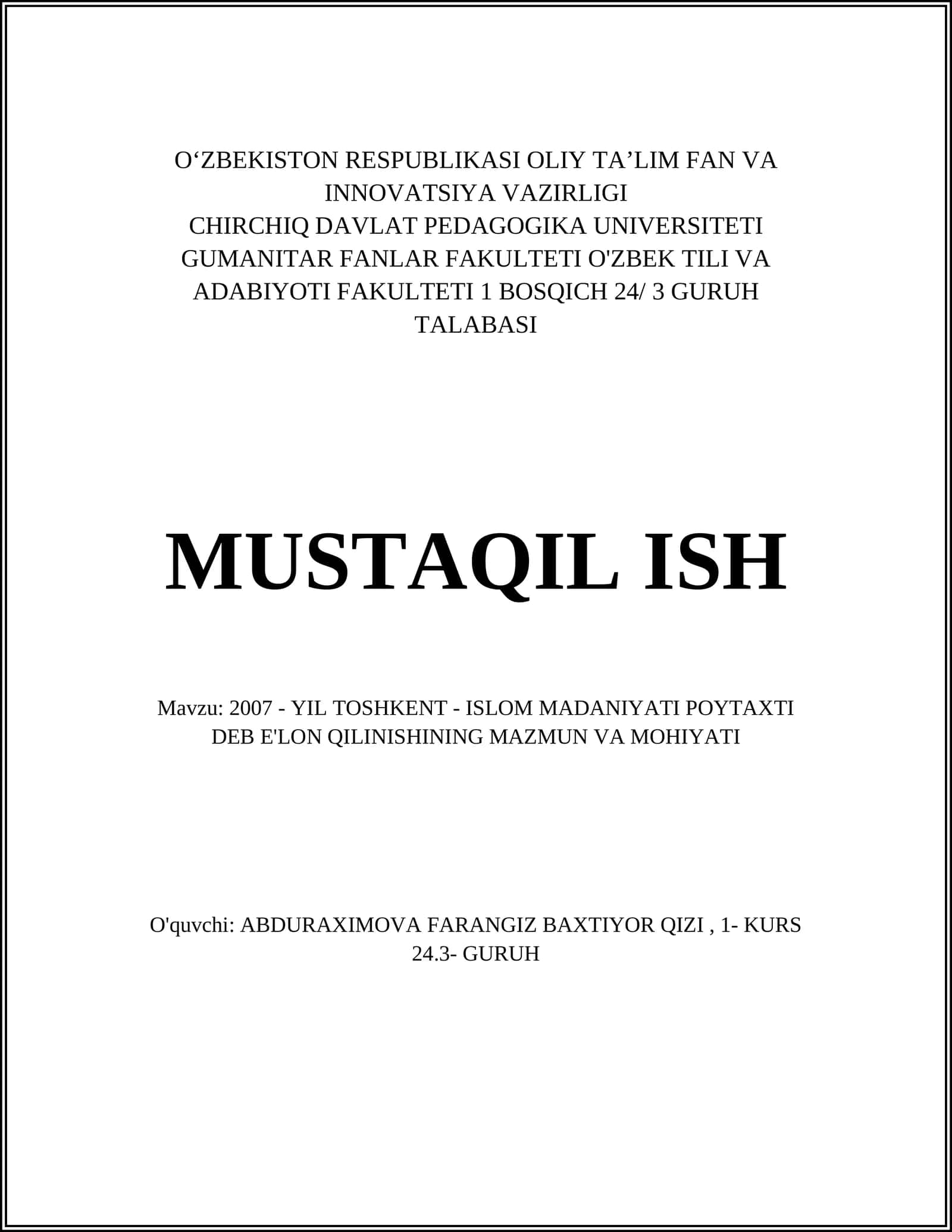 2007 - YIL TOSHKENT - ISLOM MADANIYATI POYTAXTI DEB E'LON QILINISHINING MAZMUN VA MOHIYATI 1