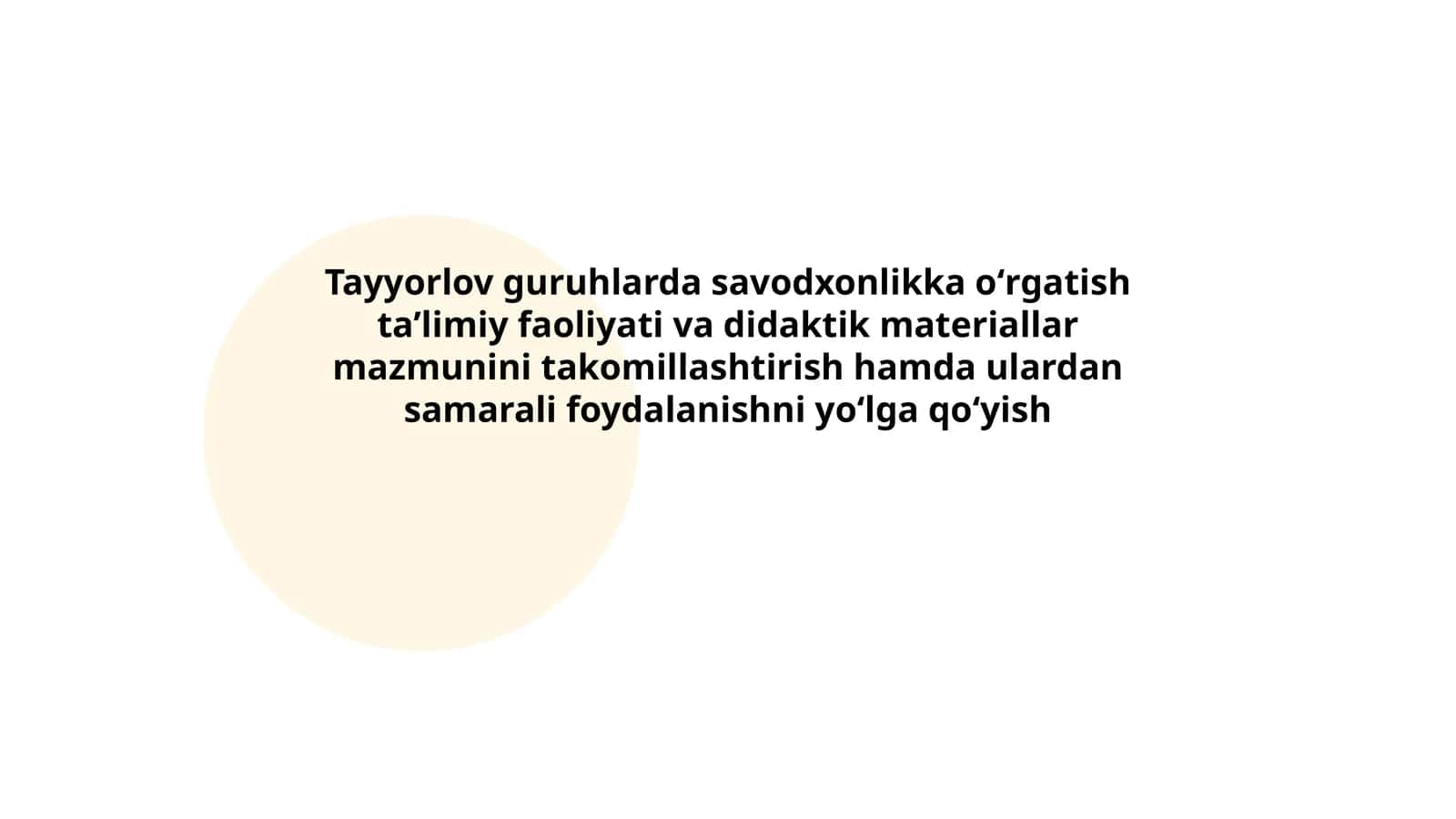 Tayyorlov guruhlarda savodxonlikka oʻrgatish taʼlimiy faoliyati va didaktik materiallar mazmunini takomillashtirish hamda ulardan samarali foydalanishni yoʻlga qoʻyish 1