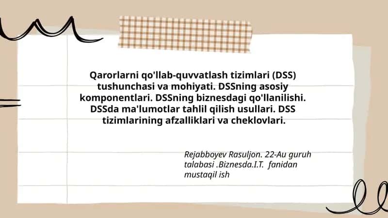 Qarorlarni qo'llab-quvvatlash tizimlari (DSS) 1