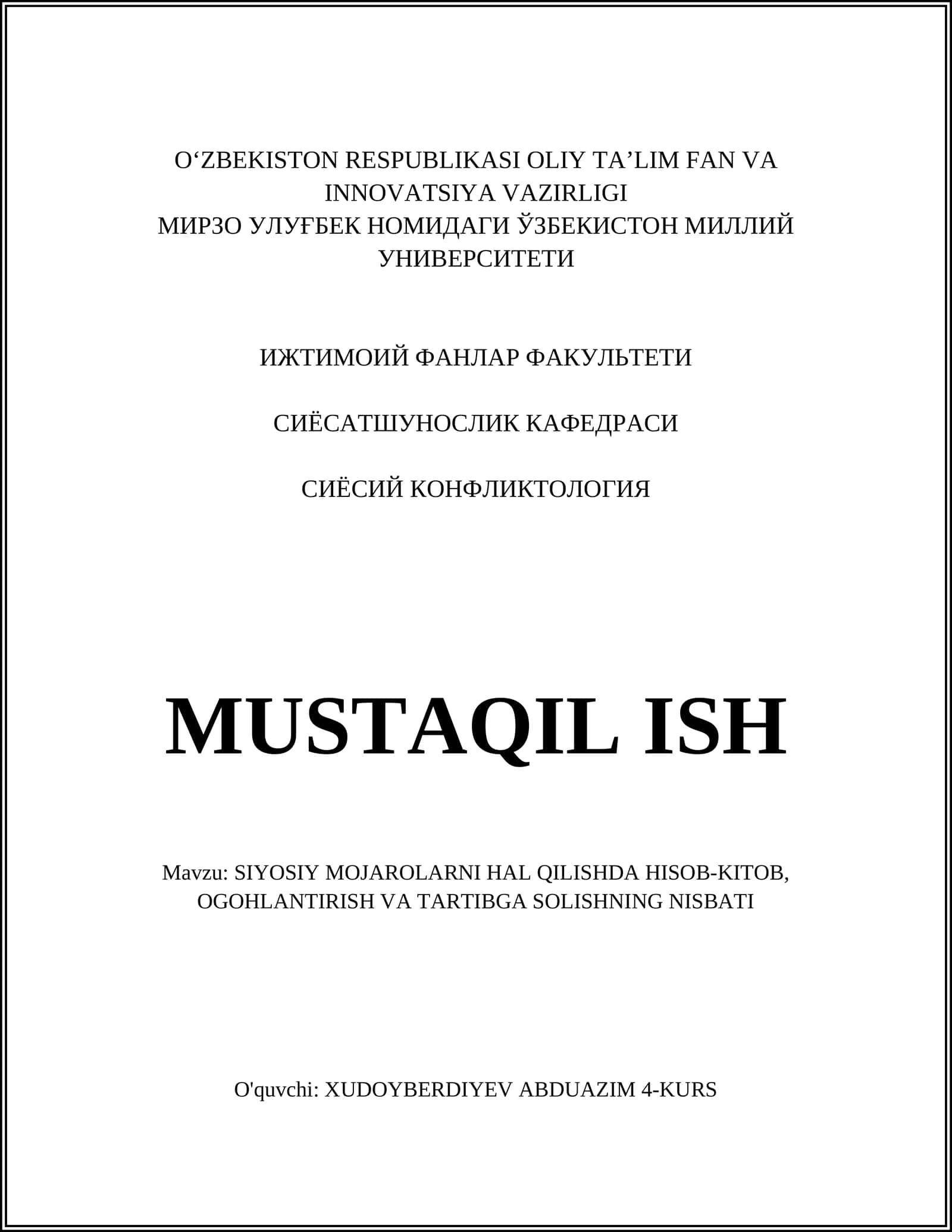 SIYOSIY MOJAROLARNI HAL QILISHDA HISOB-KITOB, OGOHLANTIRISH VA TARTIBGA SOLISHNING NISBATI 1