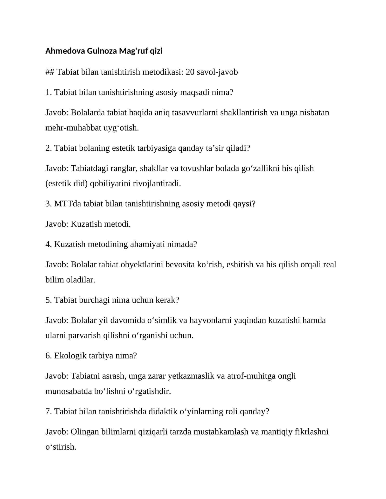 Tabiat bilan tanishtirish metodikasi: 20 savol-javob 1