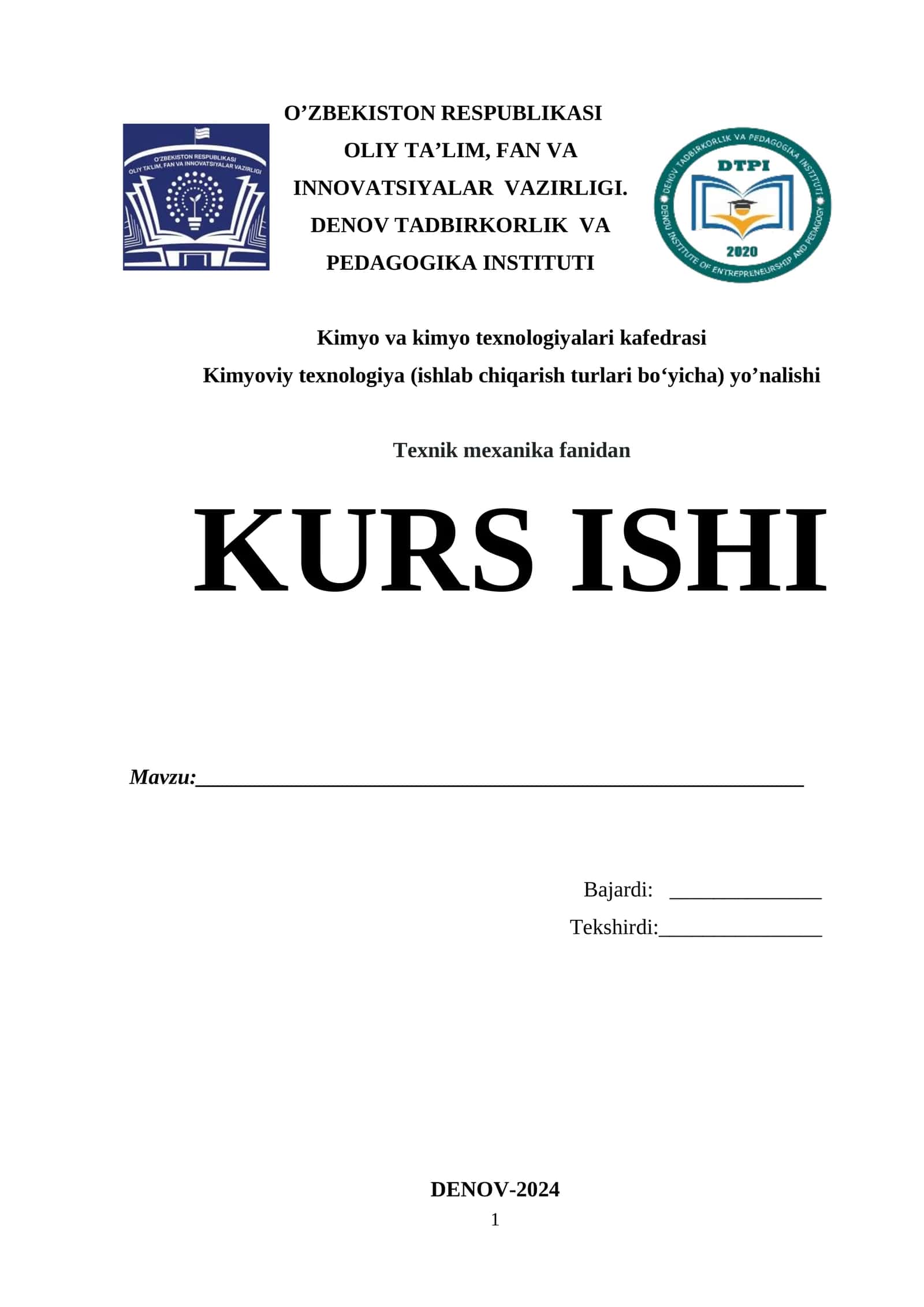 Kimyoviy texnologiya (ishlab chiqarish turlari boʻyicha) 1