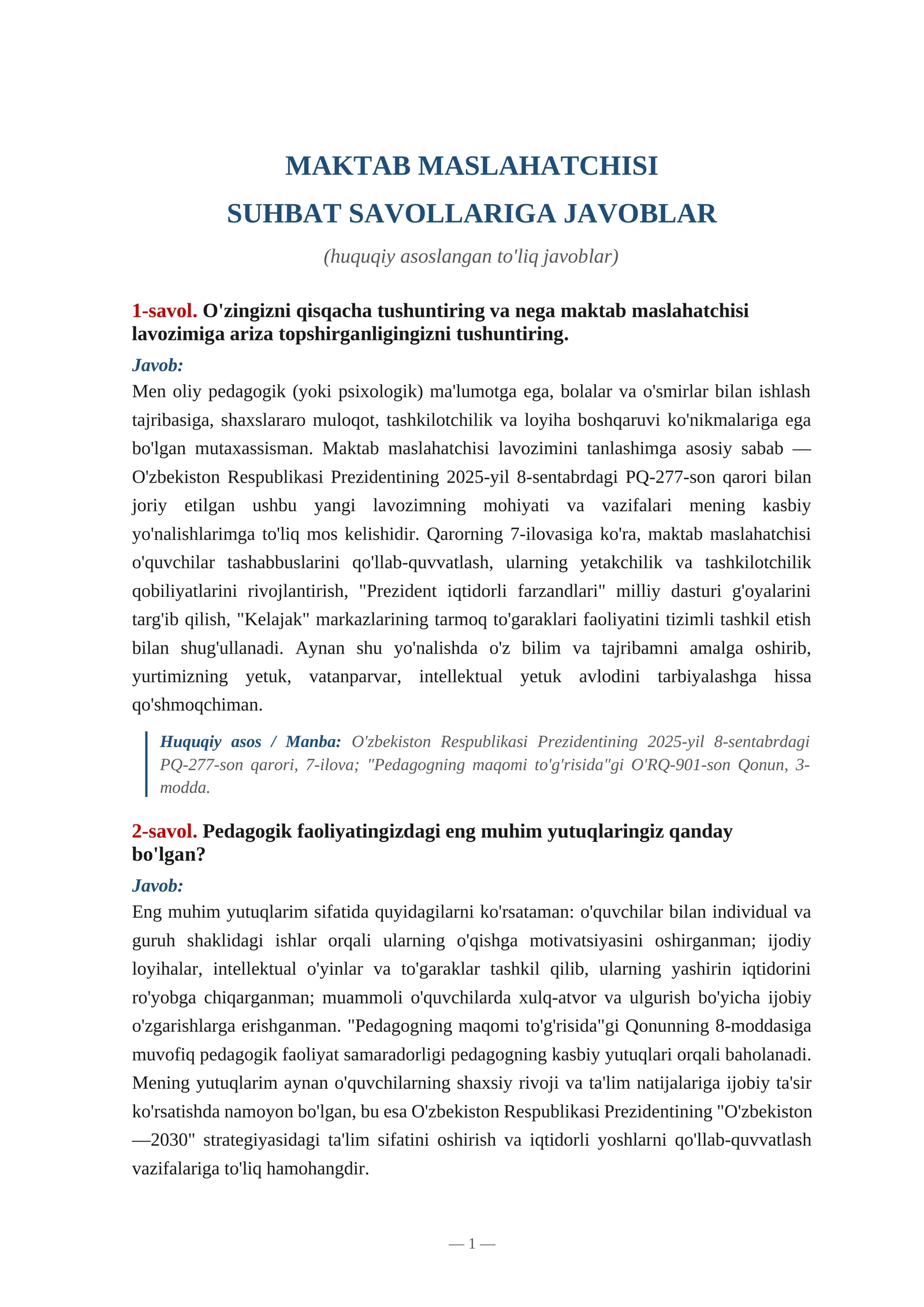 Maktab maslahatchisi savollarga javoblar 1