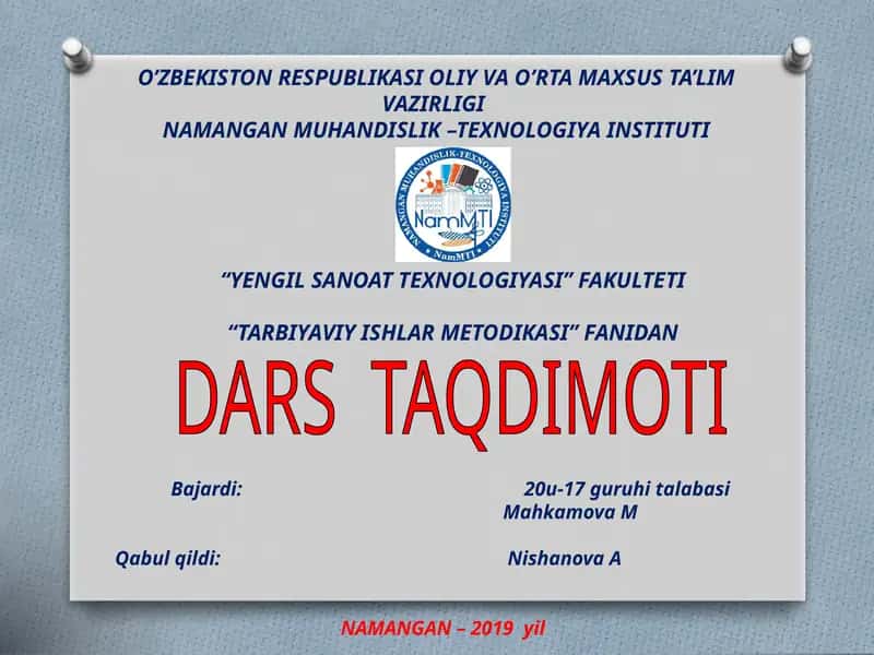 Tarbiyaviy ishlar metodikasi fanidan dars taqdimoti 1